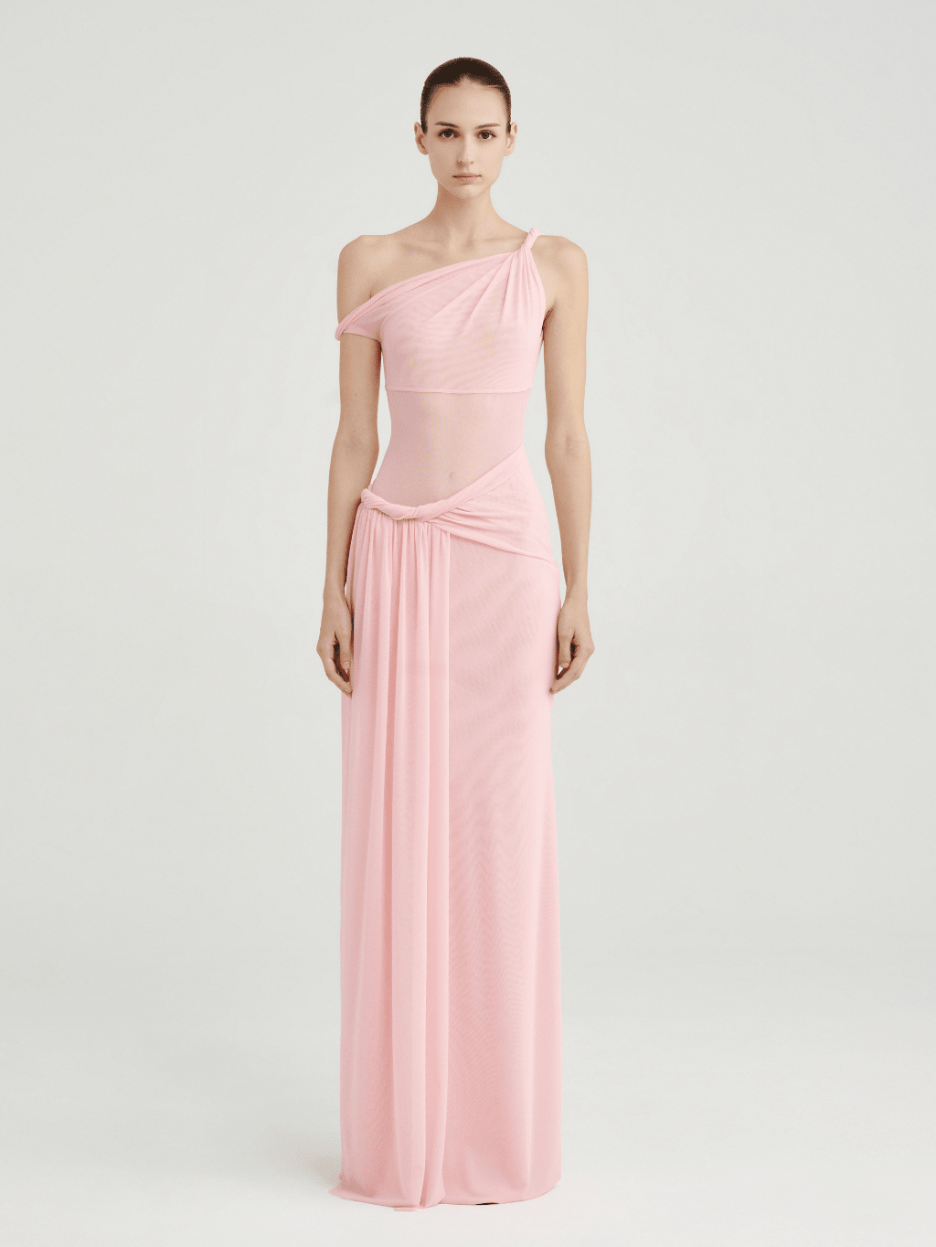 Mesh One-Shoulder Draped Gown by COCOSIN