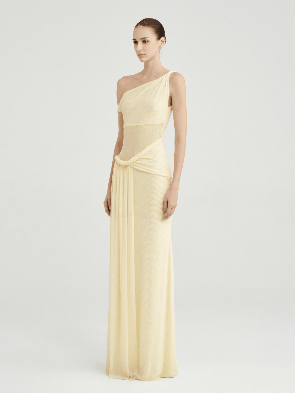 Mesh One-Shoulder Draped Gown by COCOSIN