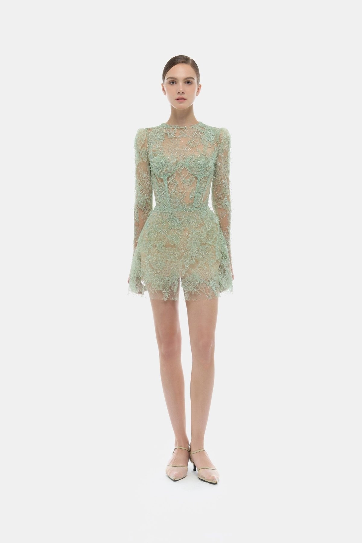 Mint Beaded Lace Mini Dress by Montsand
