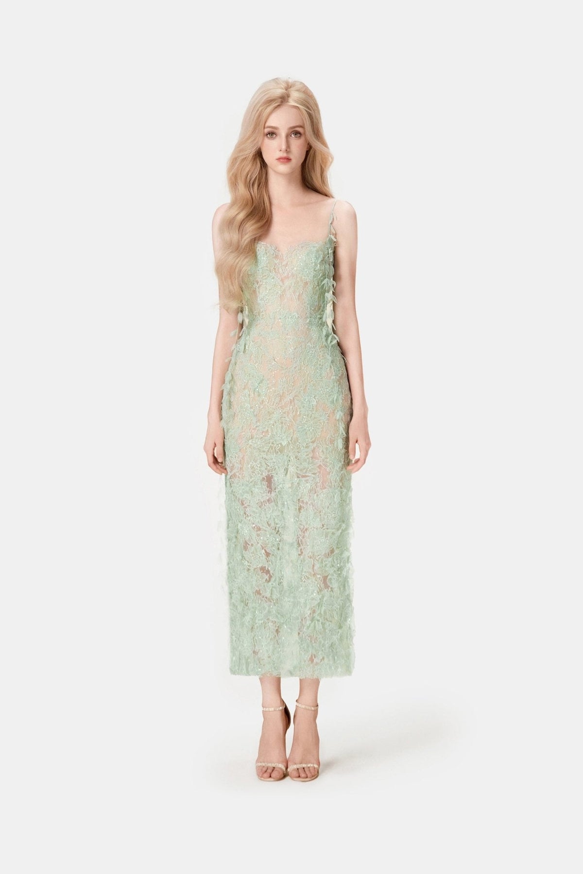Mint Beaded Lace Pencil Dress. by Montsand