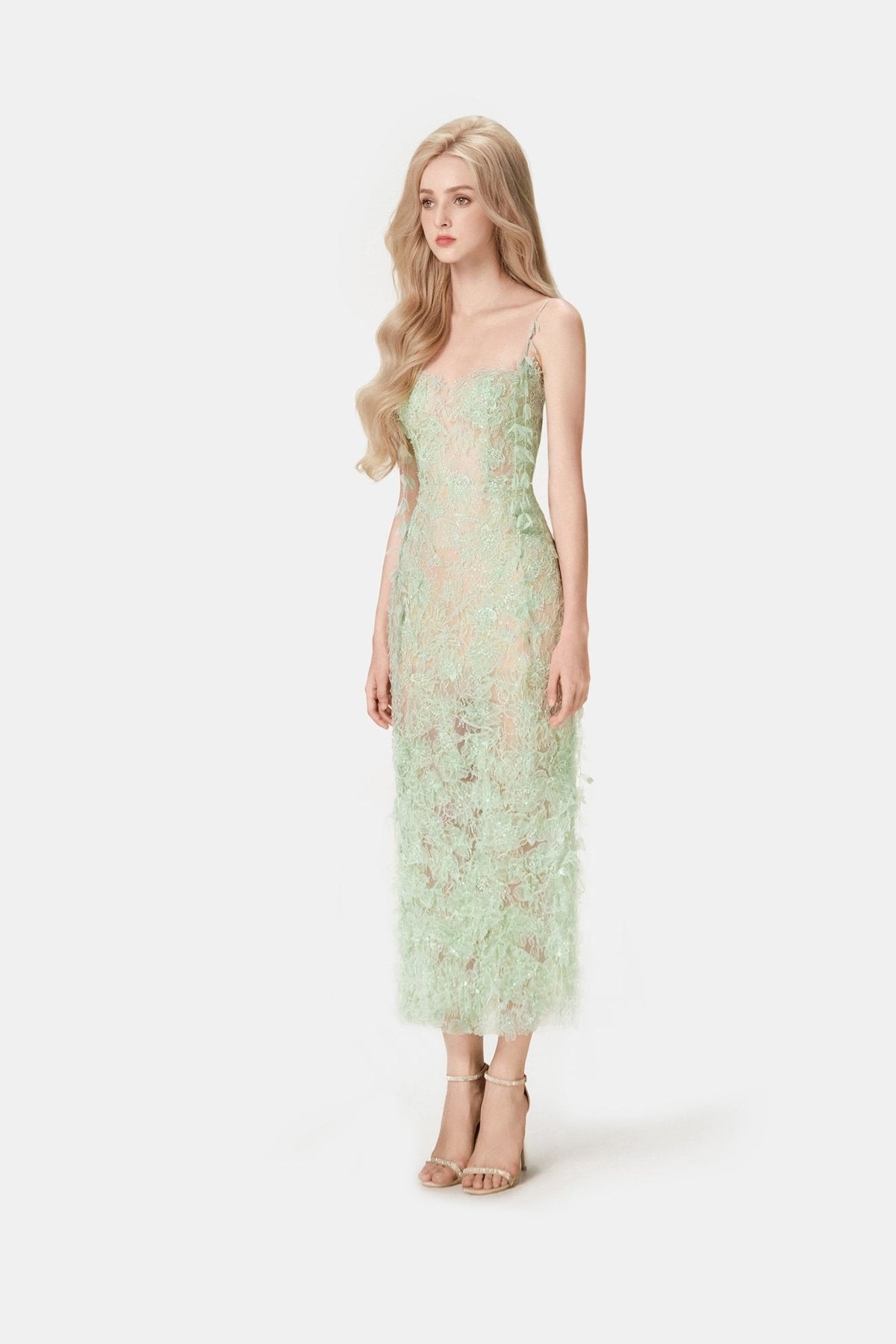 Mint Beaded Lace Pencil Dress. by Montsand