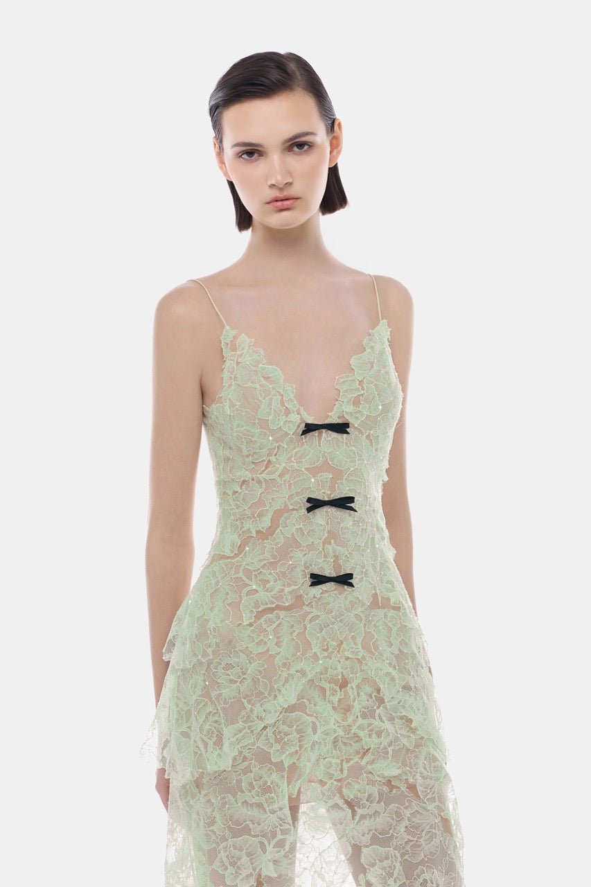 Mint Floral Bow Vneck Mini Dress by Montsand