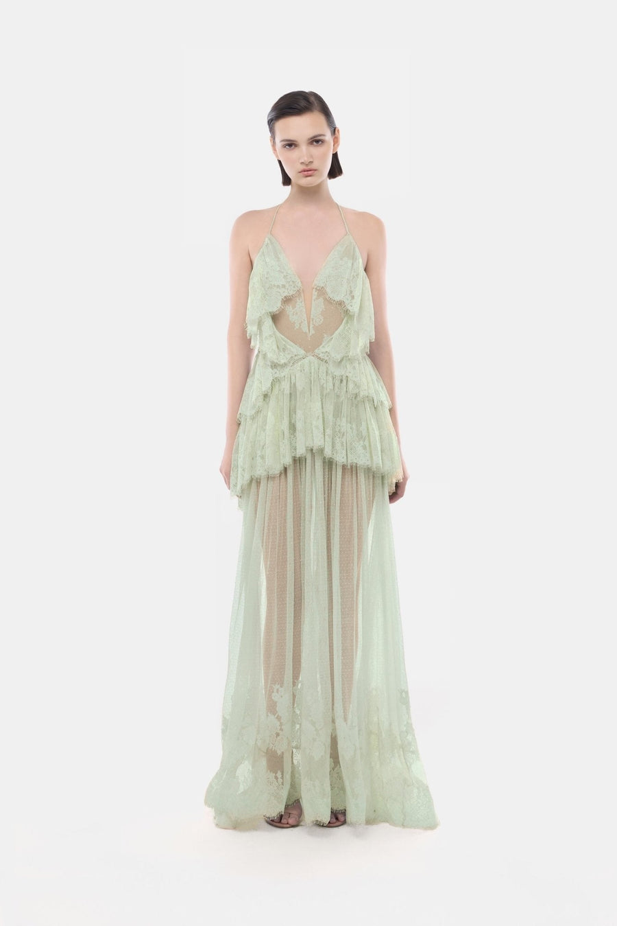 Mint Open-Back Tiered Mesh Dress
