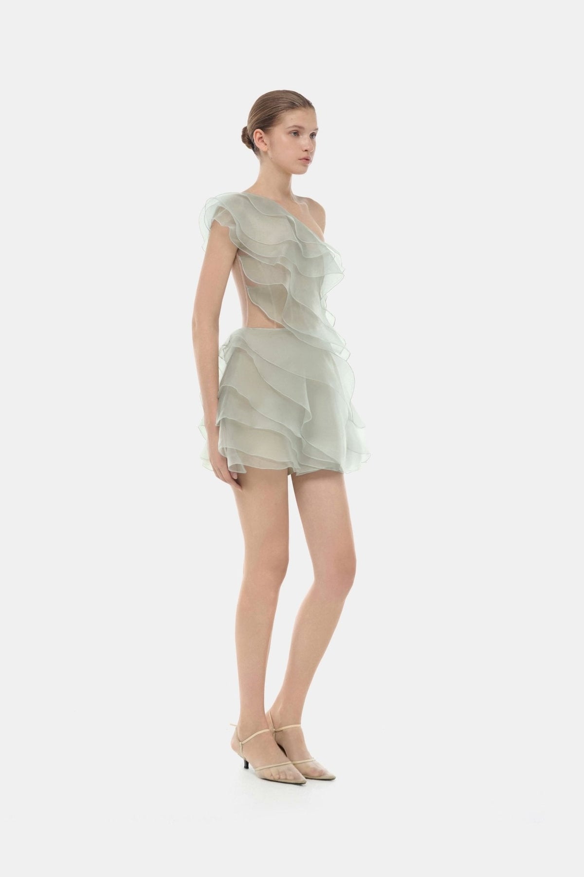 Mint Ruffle One-Shoulder Mini Dress by Montsand