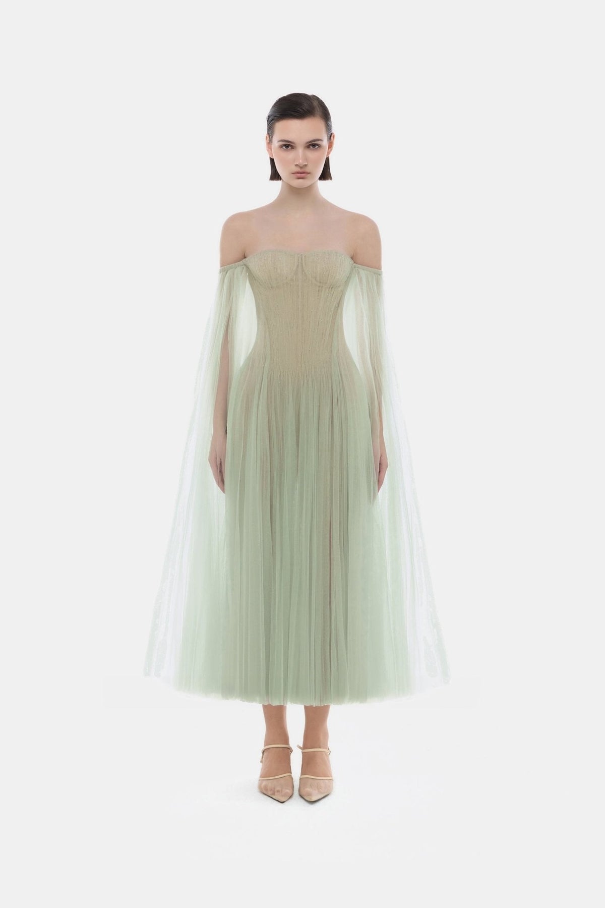 Mint Tulle Off-shoulder Midi Dress by Montsand