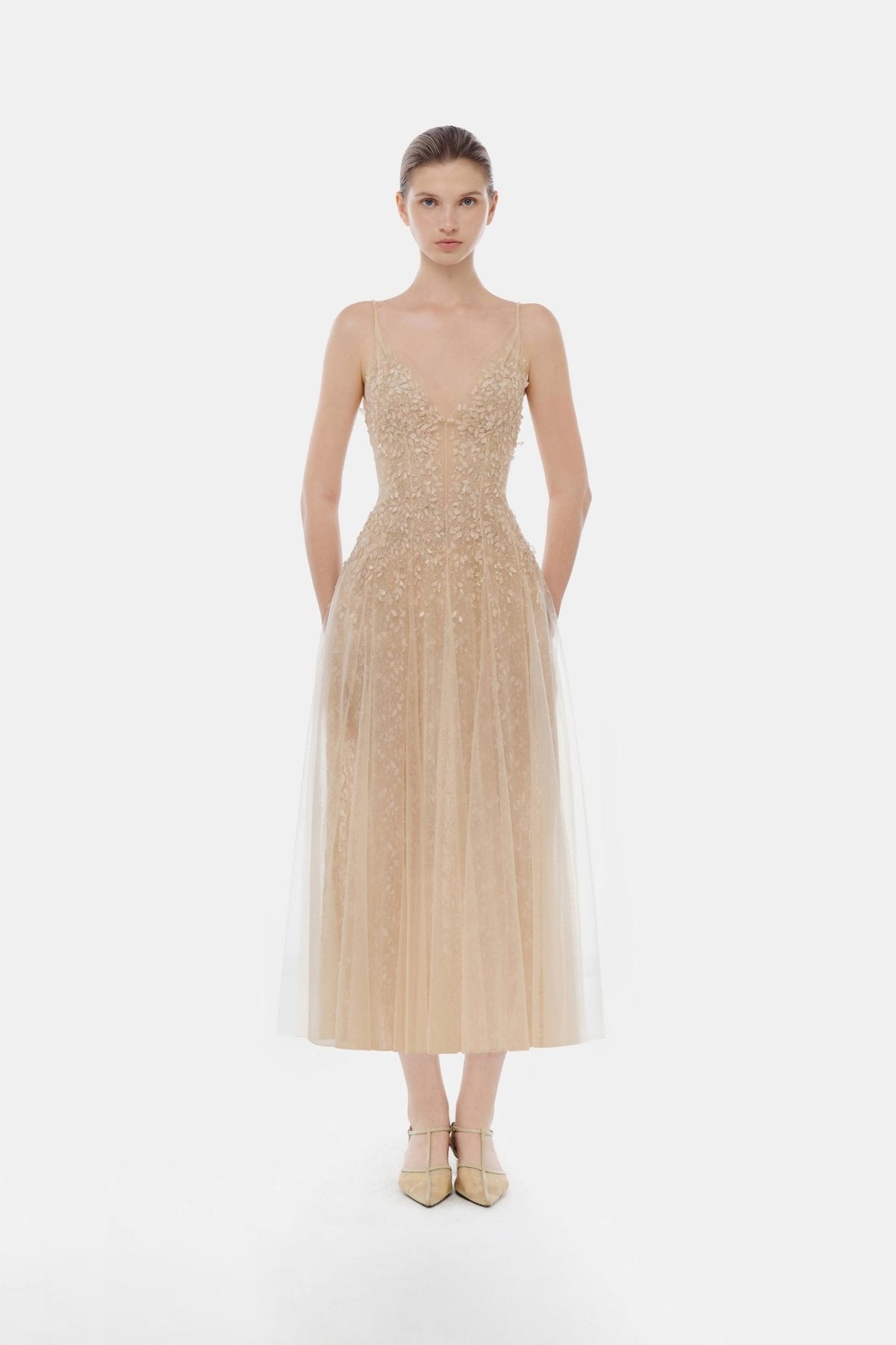 Pastel Deep-V Midi Dress by Montsand