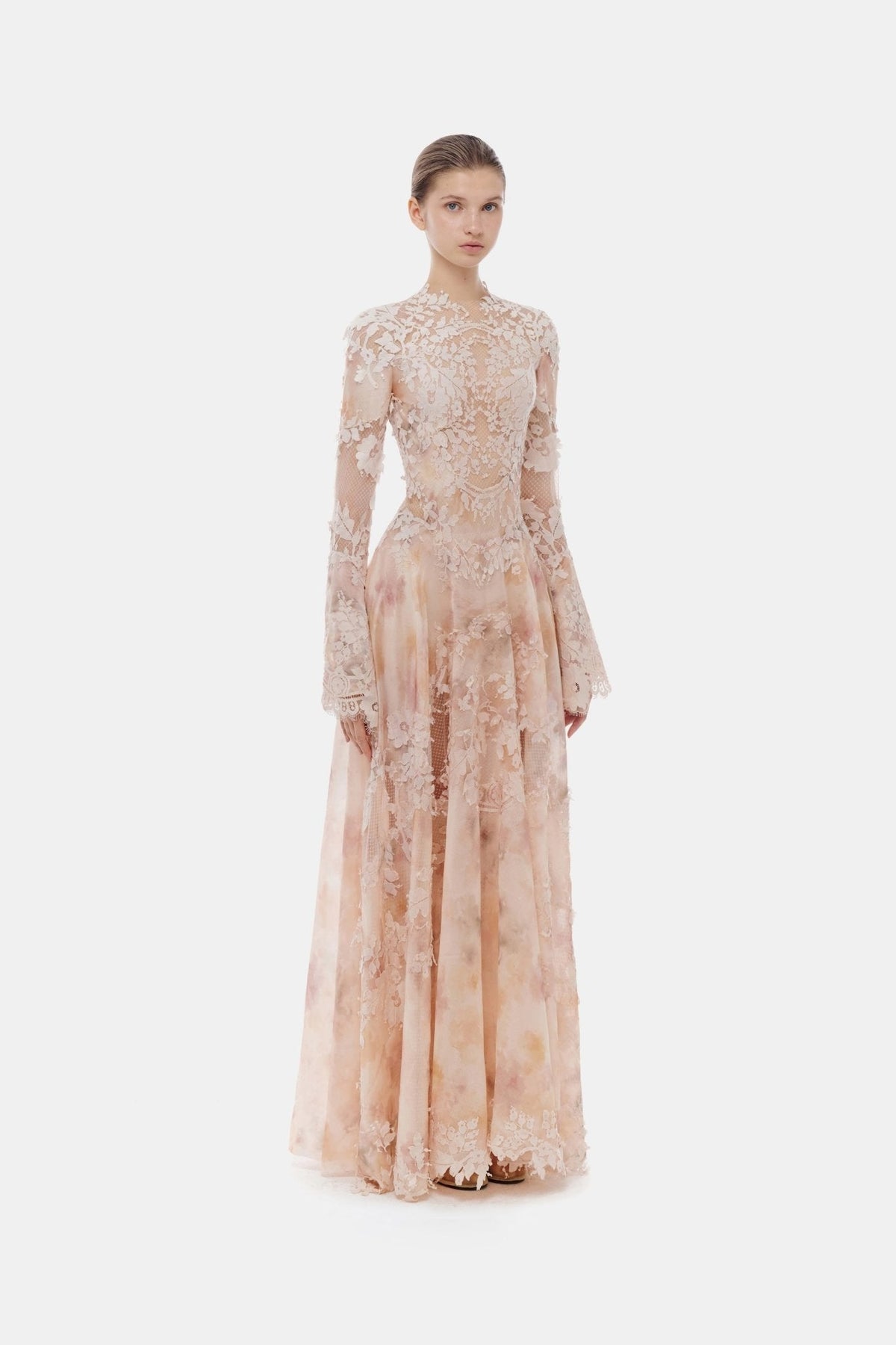 Peach Lace Appliqué Maxi Dress by Montsand