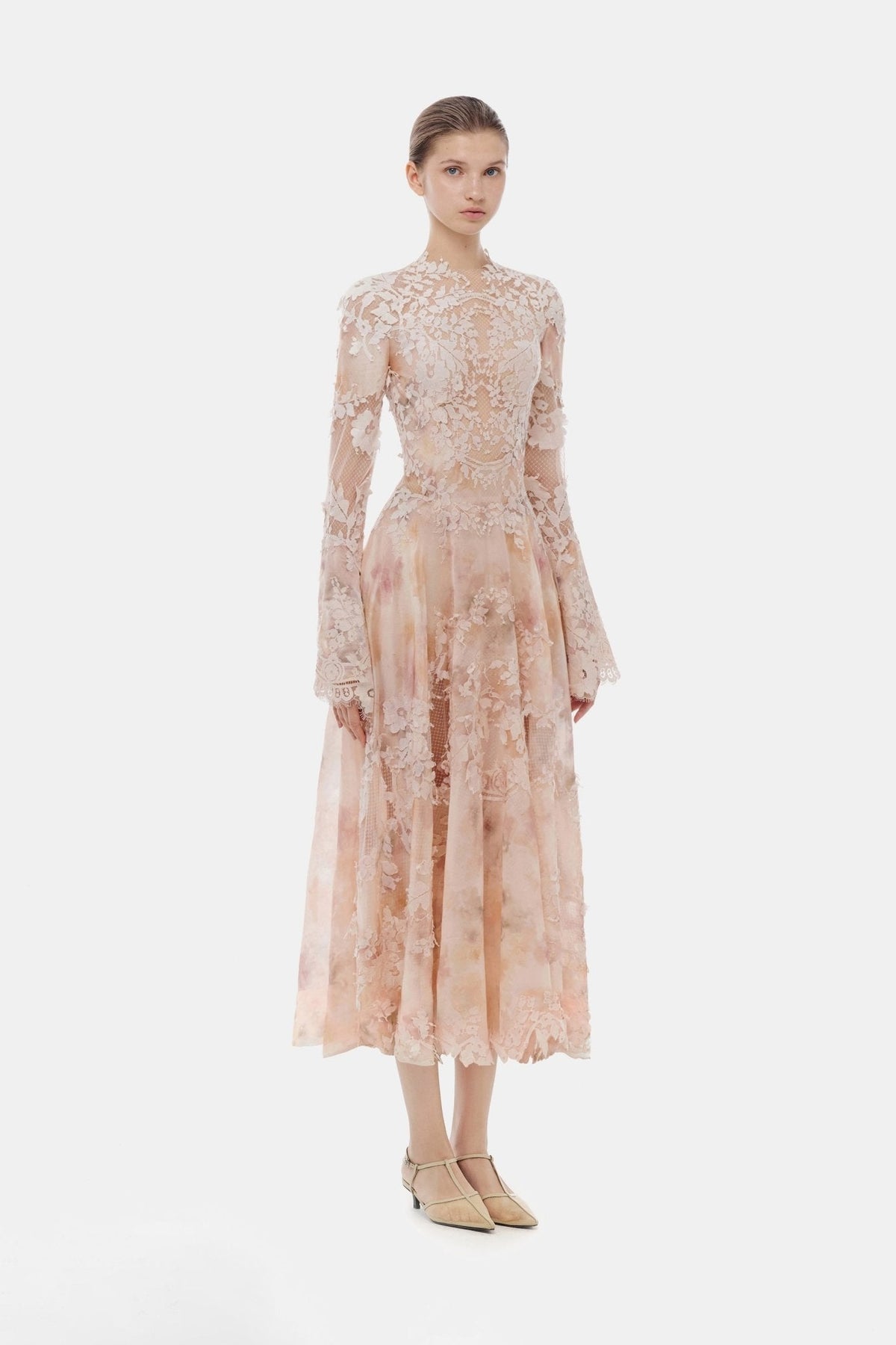 Peach Lace Appliqué Midi Dress by Montsand