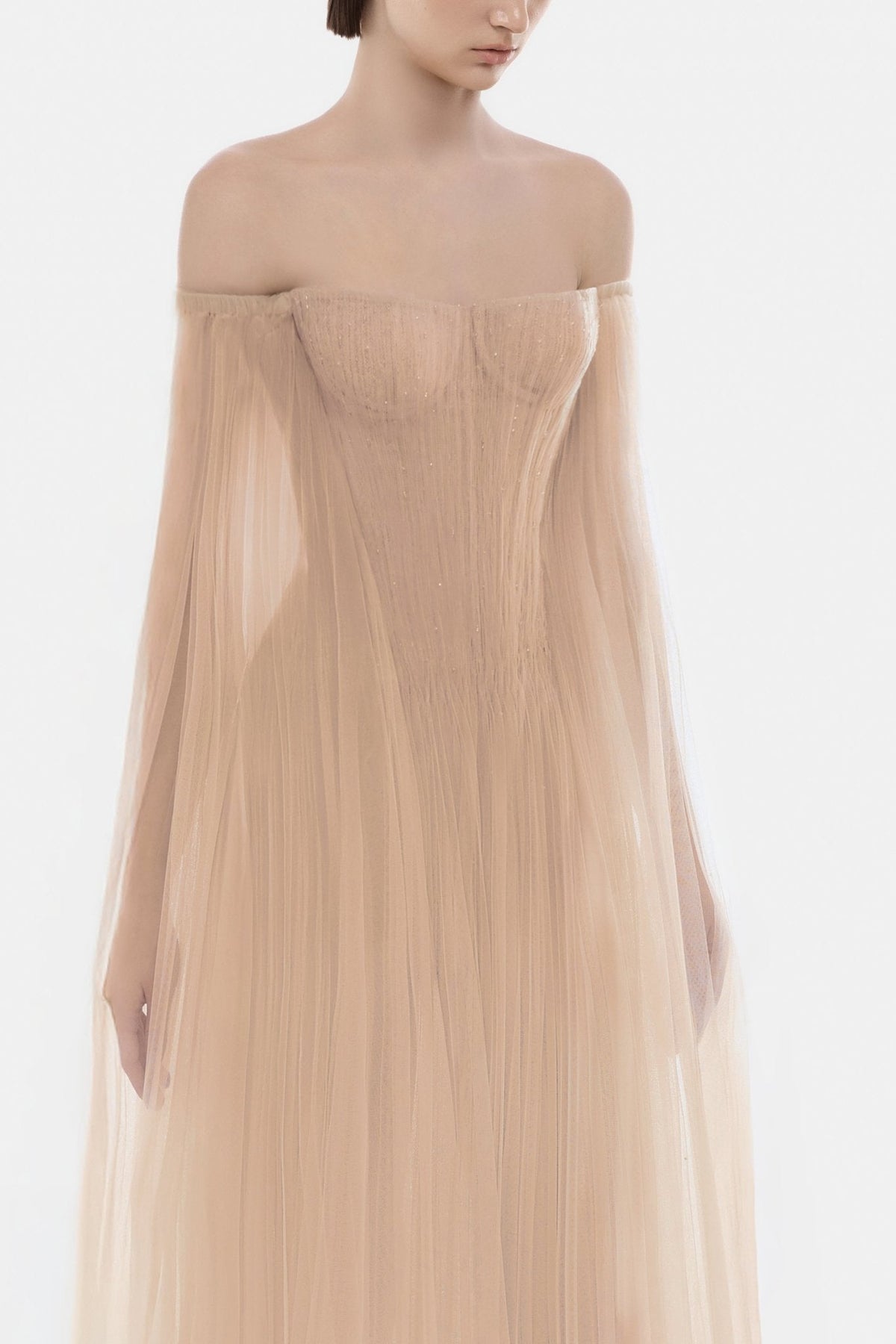 Peach Tulle Off-shoulder Maxi Dress by Montsand