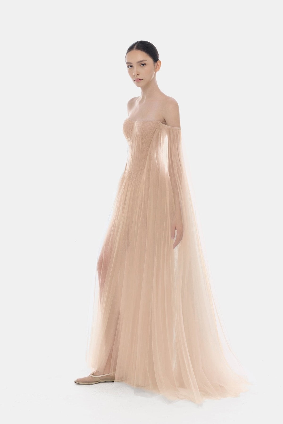 Peach Tulle Off-shoulder Maxi Dress by Montsand