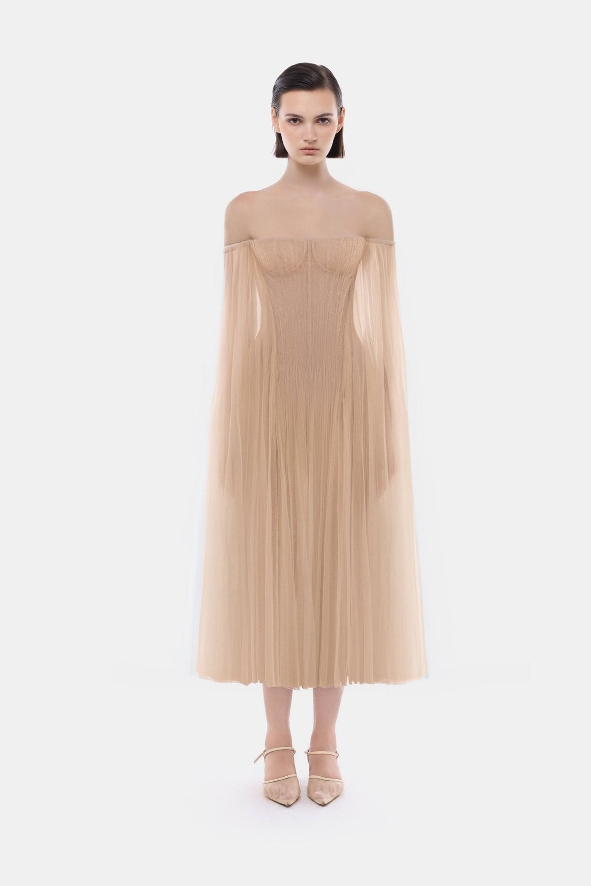 Peach Tulle Off-shoulder Midi Dress by Montsand