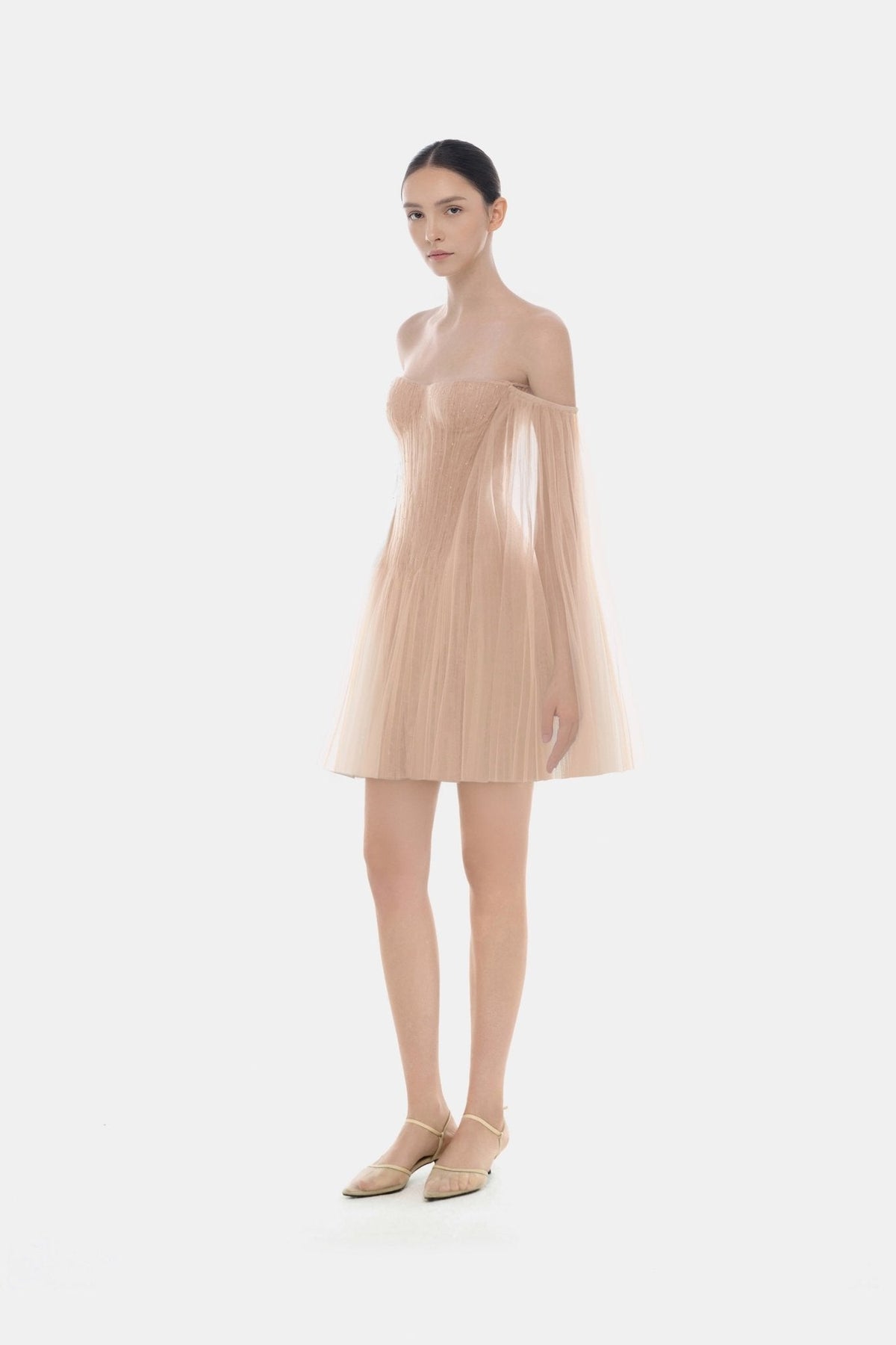 Peach Tulle Off-shoulder Mini Dress by Montsand