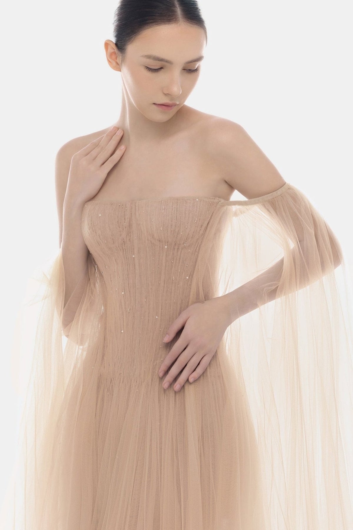 Peach Tulle Off-shoulder Mini Dress by Montsand