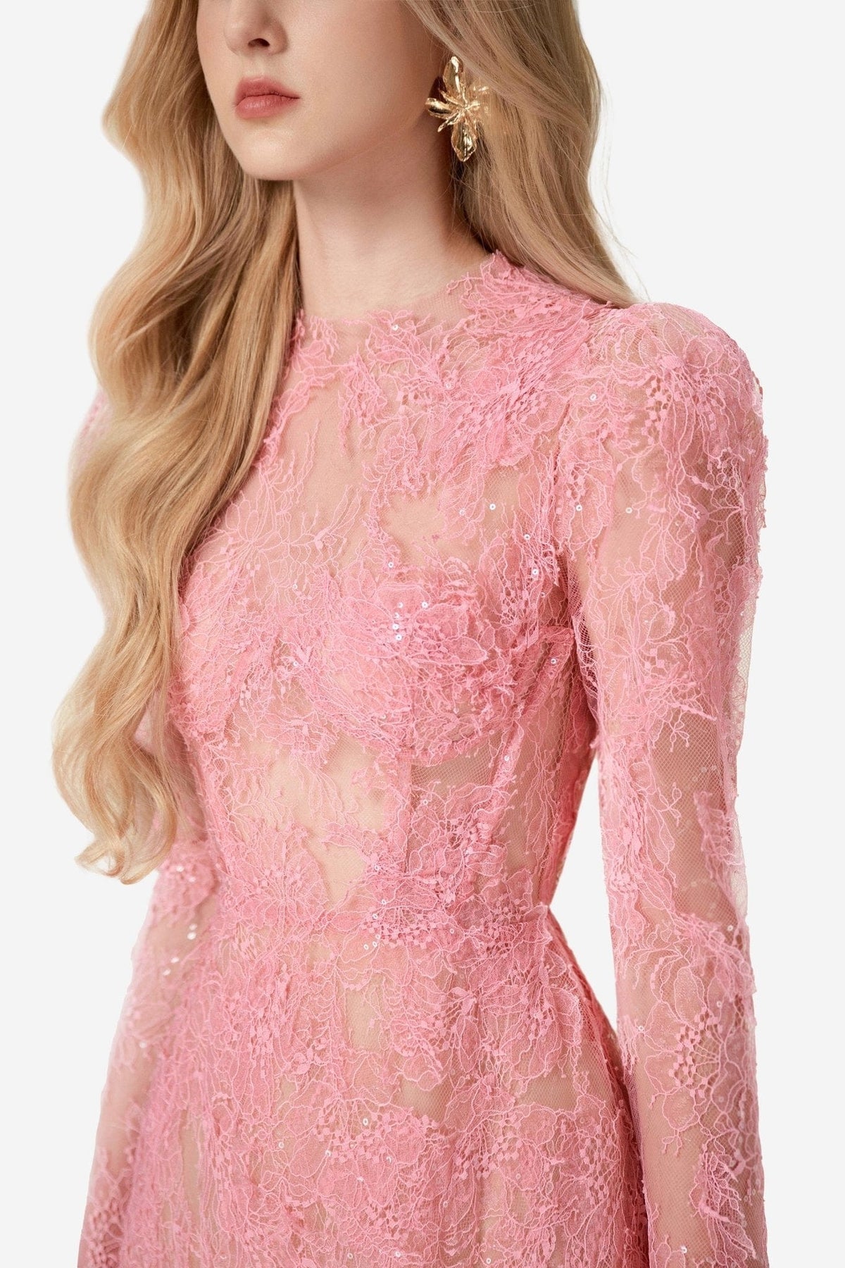 Pink Beaded Lace Mini Dress by Montsand