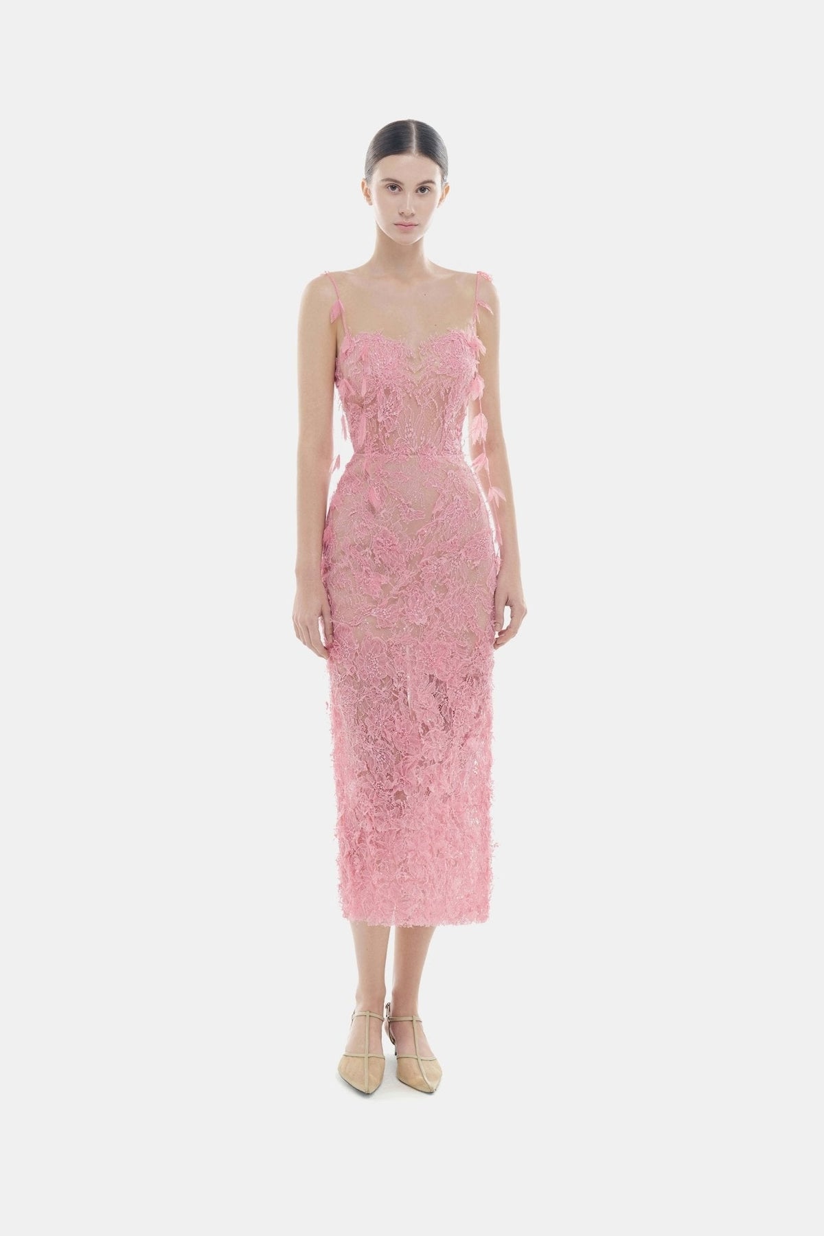 Pink Beaded Lace Pencil Dress by Montsand