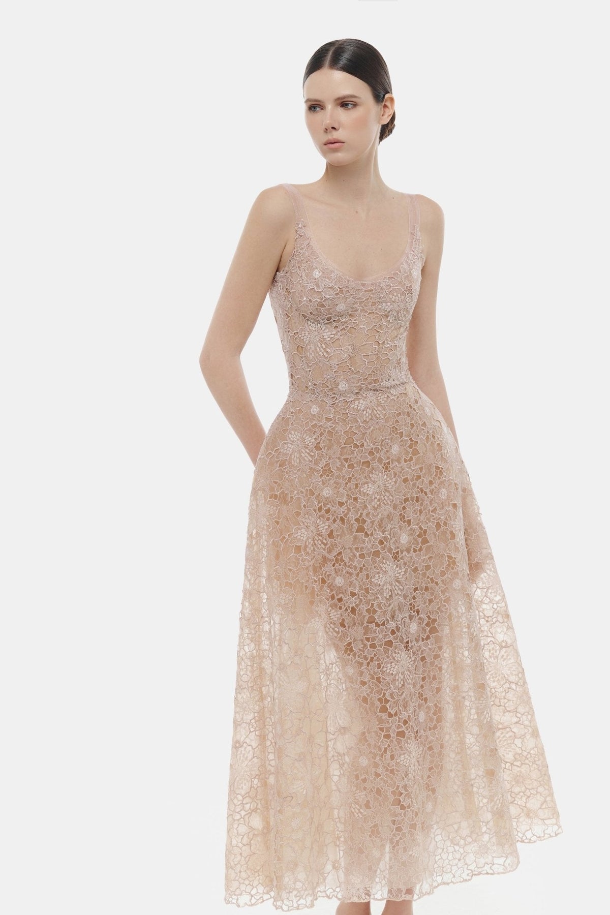 Pink Flower Lace Midi Dress by Montsand