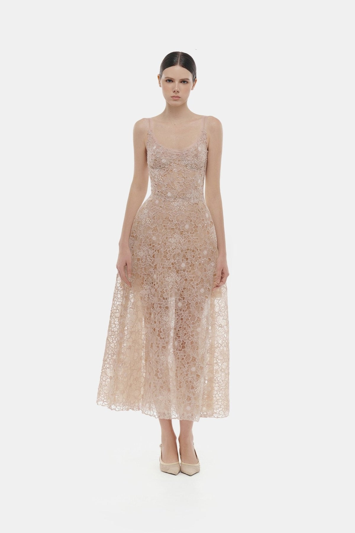 Pink Flower Lace Midi Dress by Montsand