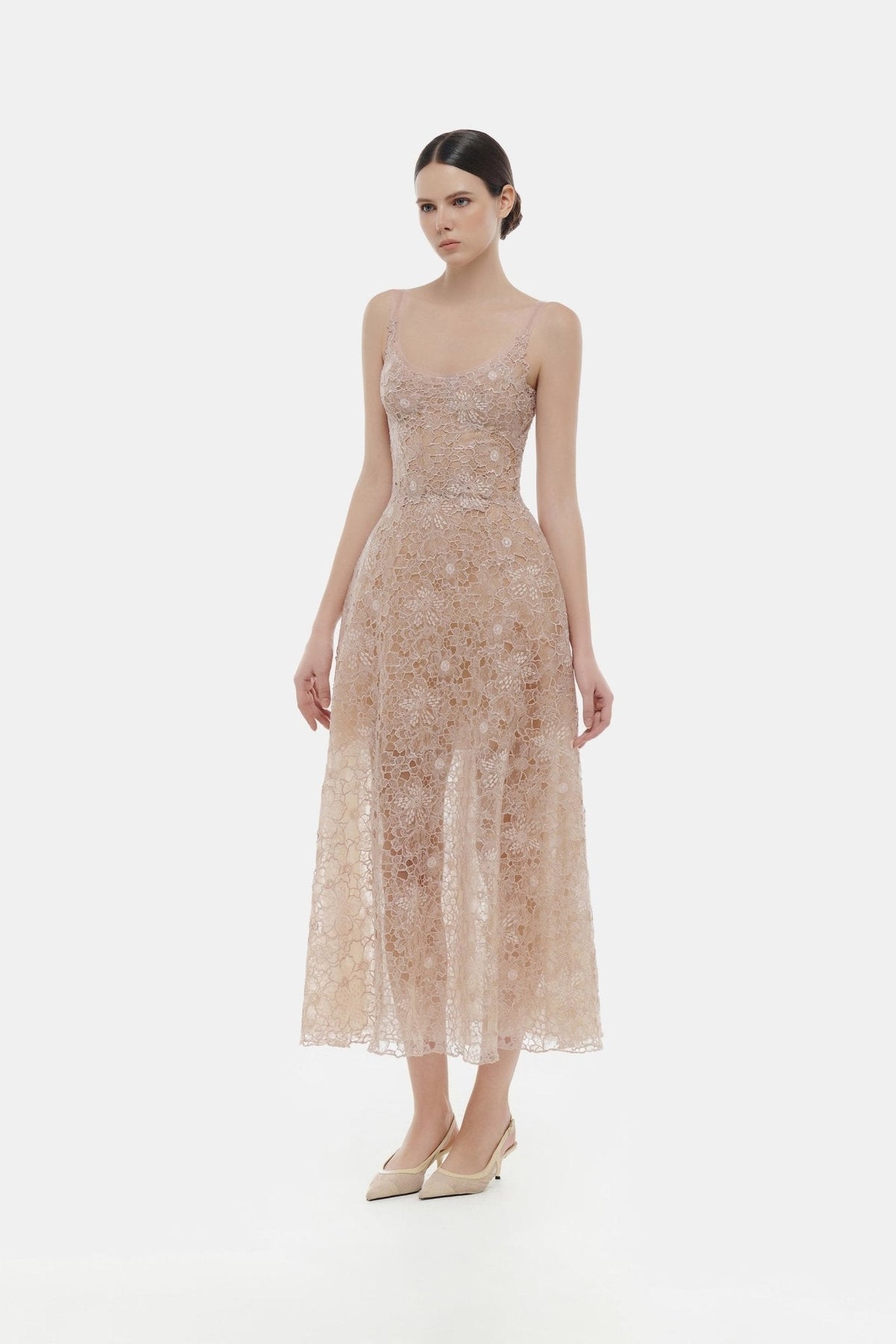 Pink Flower Lace Midi Dress by Montsand