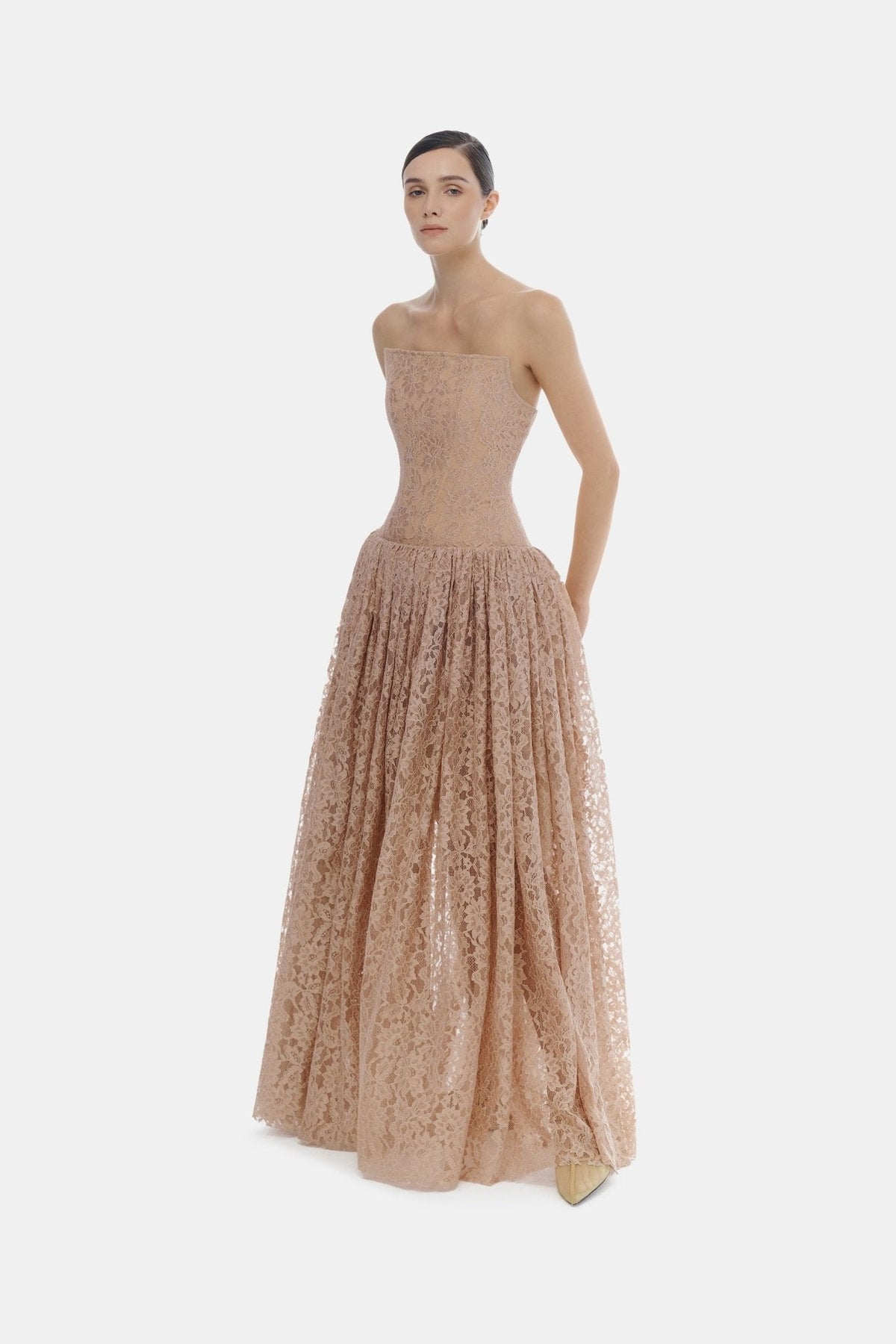 Pink Lace Corset Maxi Dress by Montsand