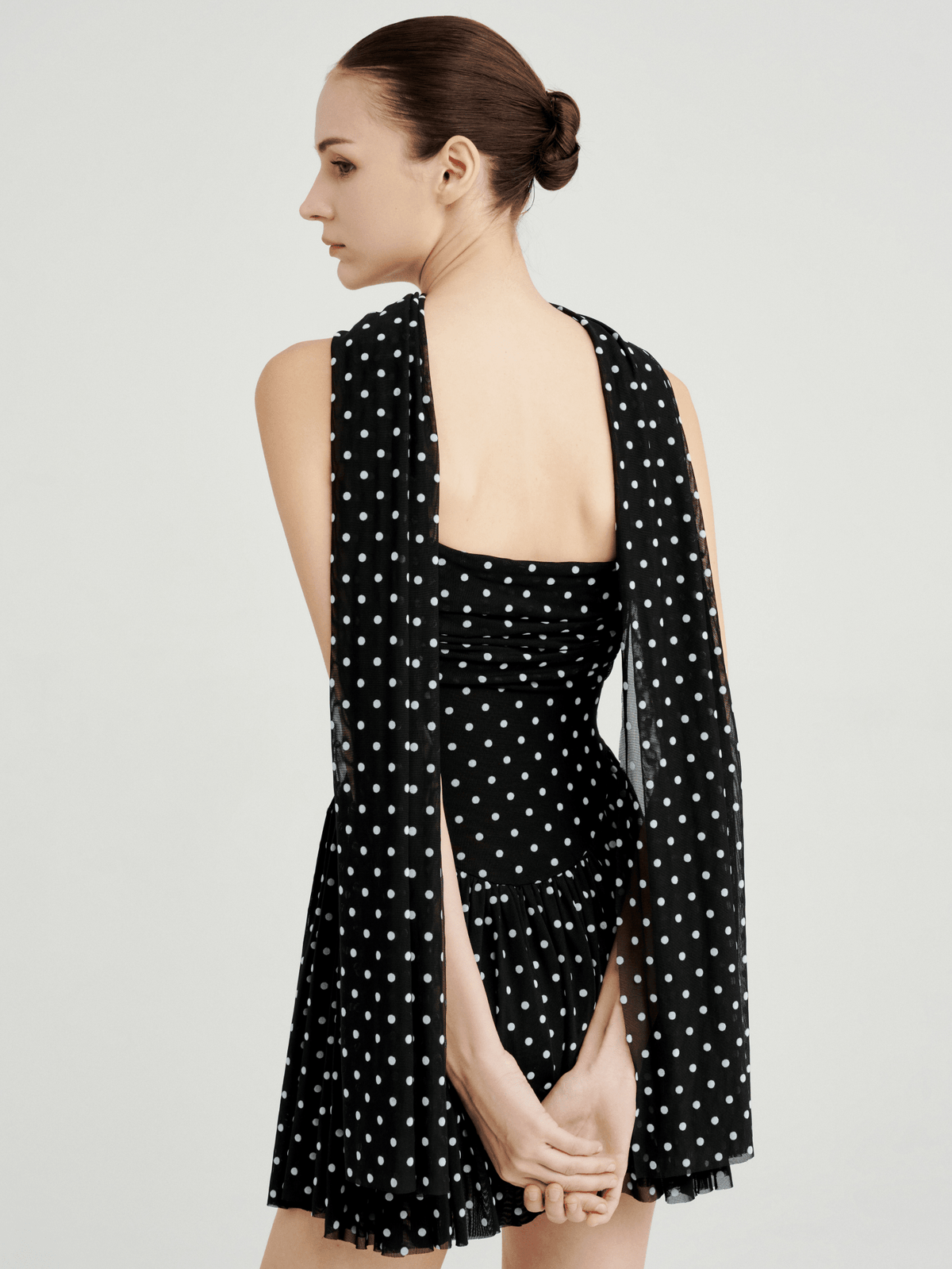 Polka Dots Mesh Ruched Mini Dress by COCOSIN