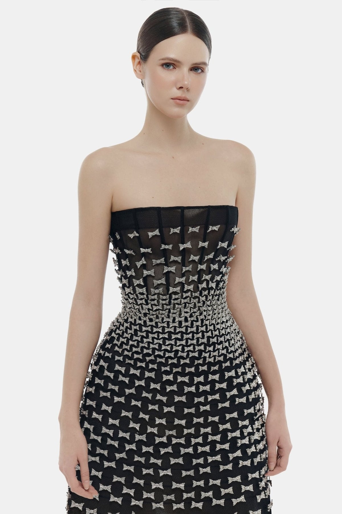 Silver Bow Strapless Midi Dress by Montsand