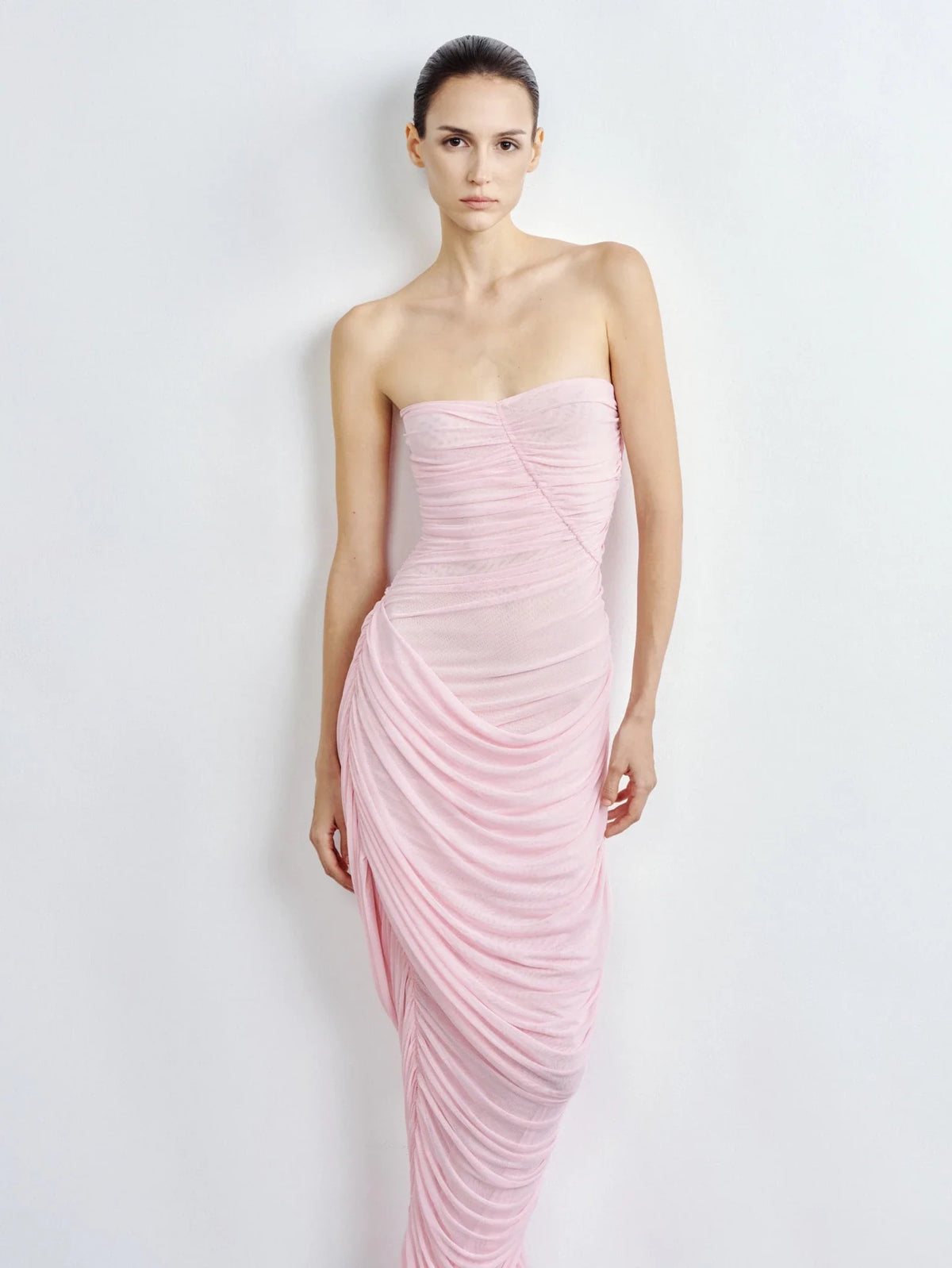 Strapless Ruched Mesh Gown by COCOSIN