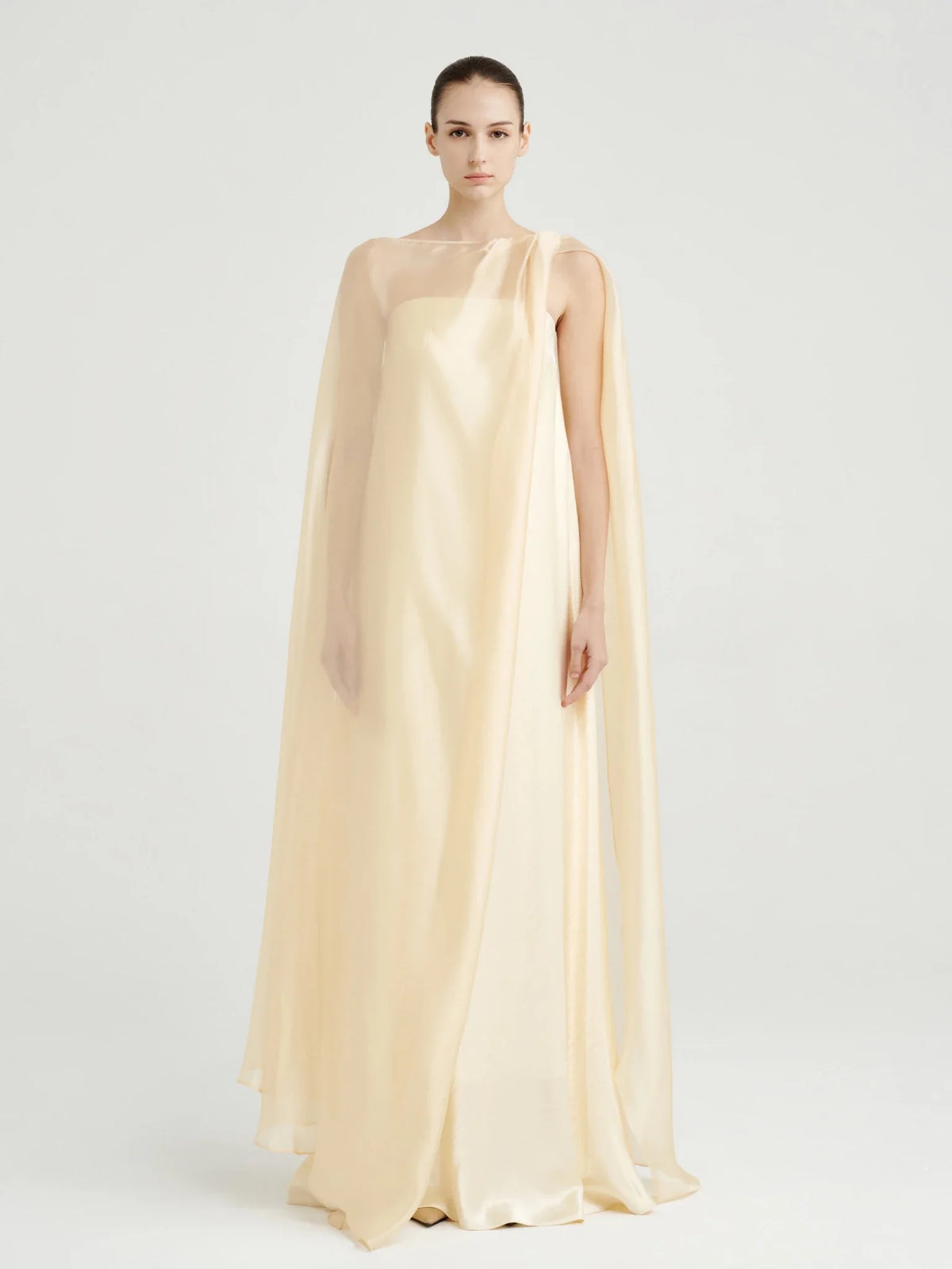 Strapless Satin Maxi Dress with Sheer Cape Overlay by COCOSIN