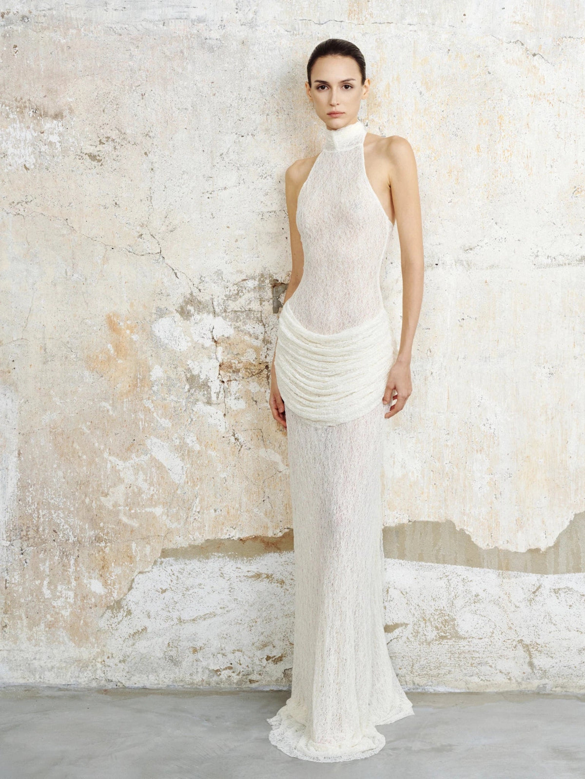 Textured Lace Halter Gown by COCOSIN