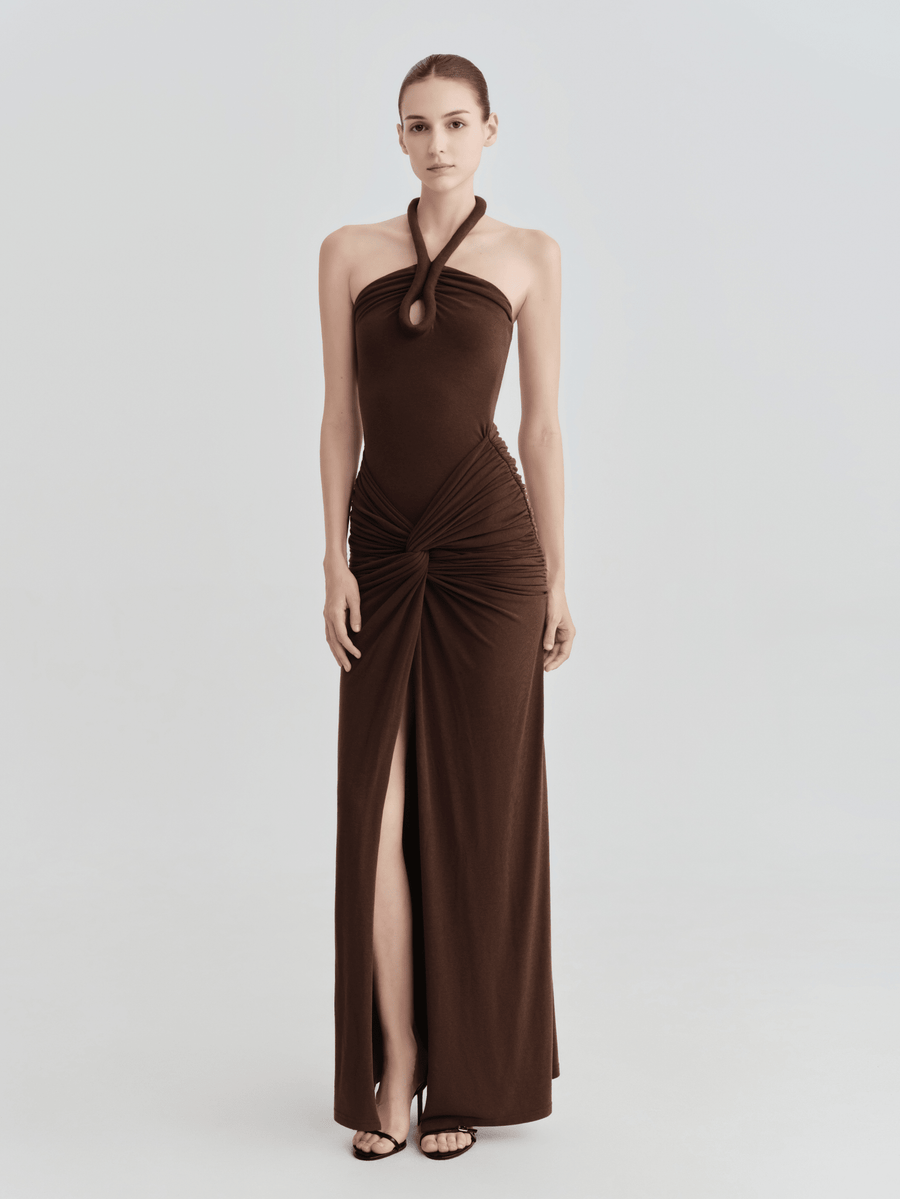 The Ashley Halter Keyhole Twist-Front Maxi Dress