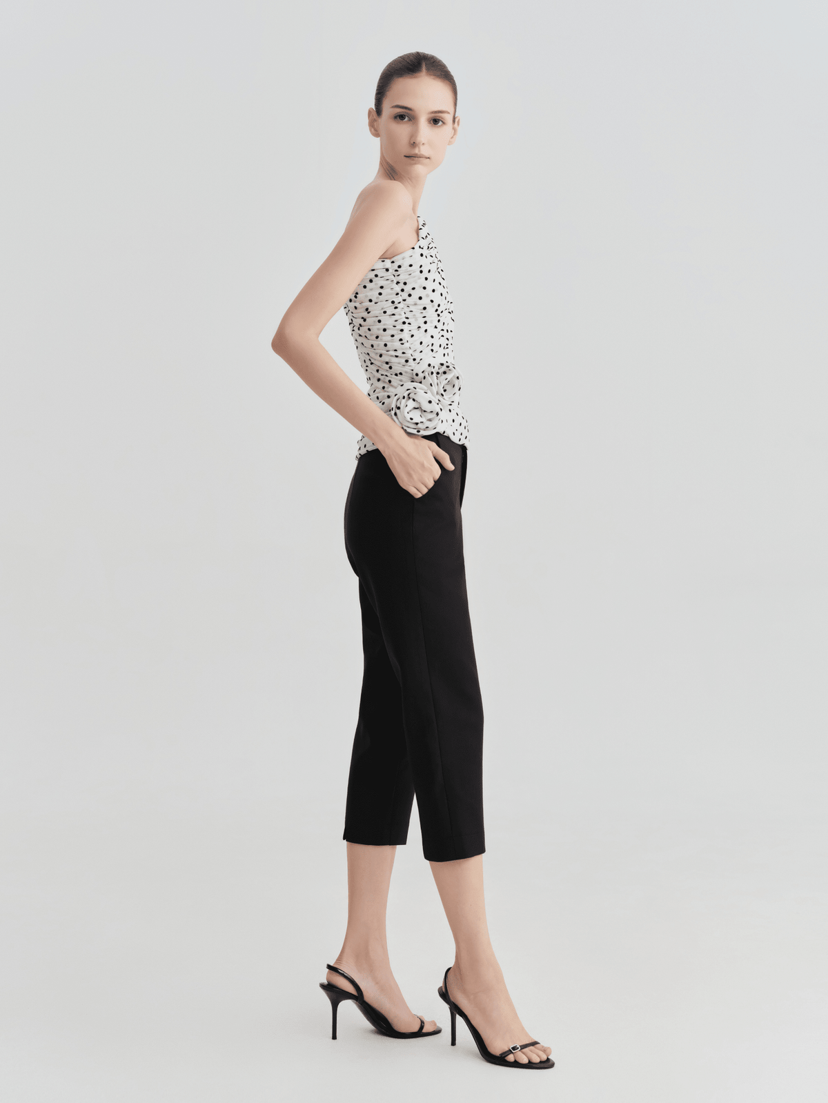 Polka Dot One-Shoulder Ruched Top with Rosette Detail by COCOSIN