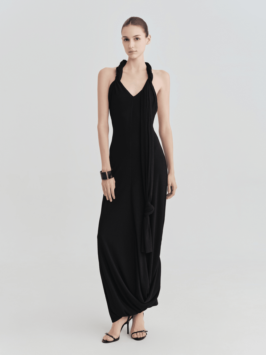 Onyx Scarf-Tie Halter Maxi