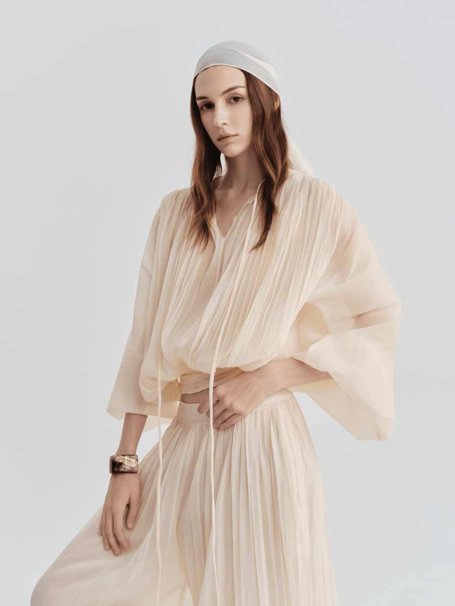 Sheer Pleated Blouson Top