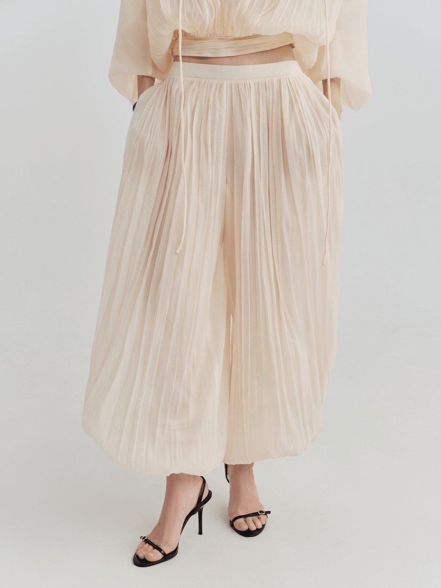 Sheer Pleated Wide-Leg Trouser