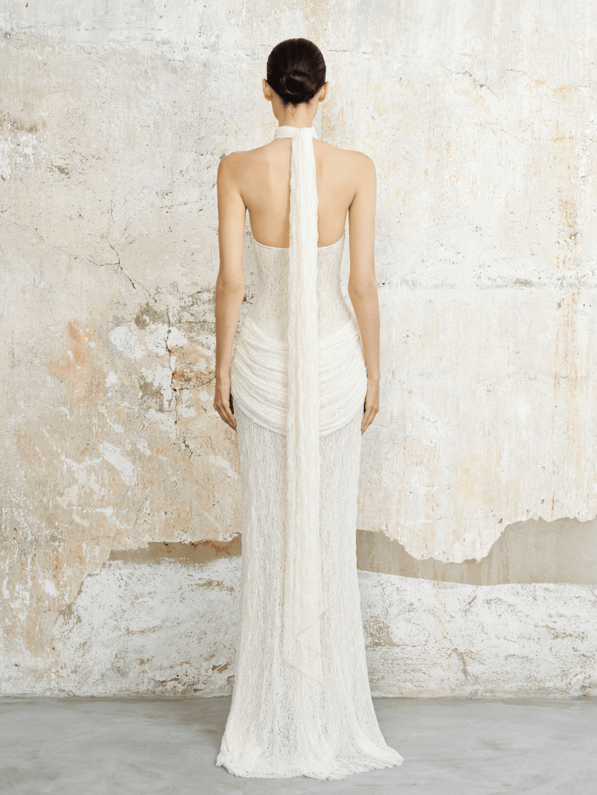 Textured Lace Halter Gown by COCOSIN