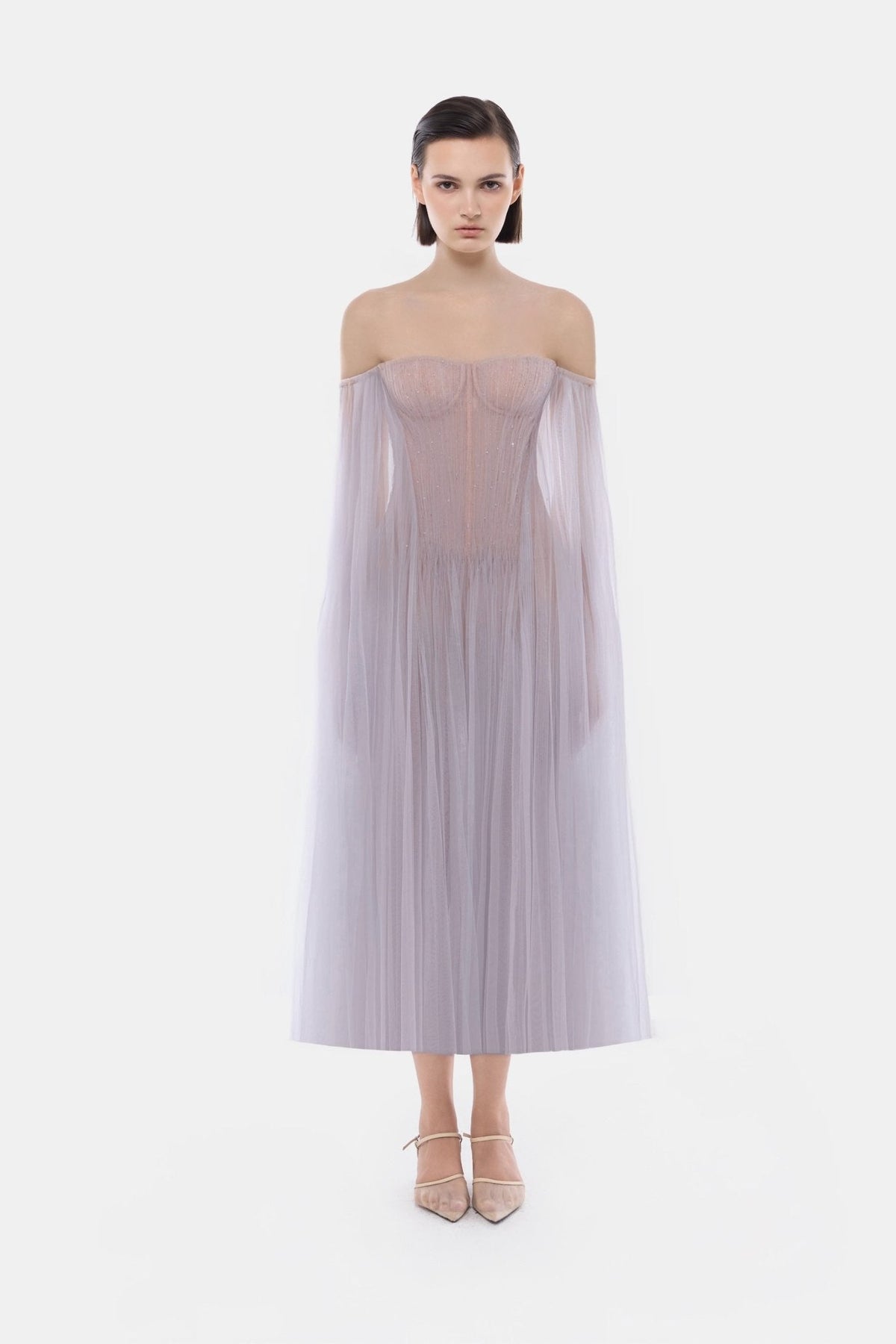 Violet Tulle Off-shoulder Midi Dress by Montsand