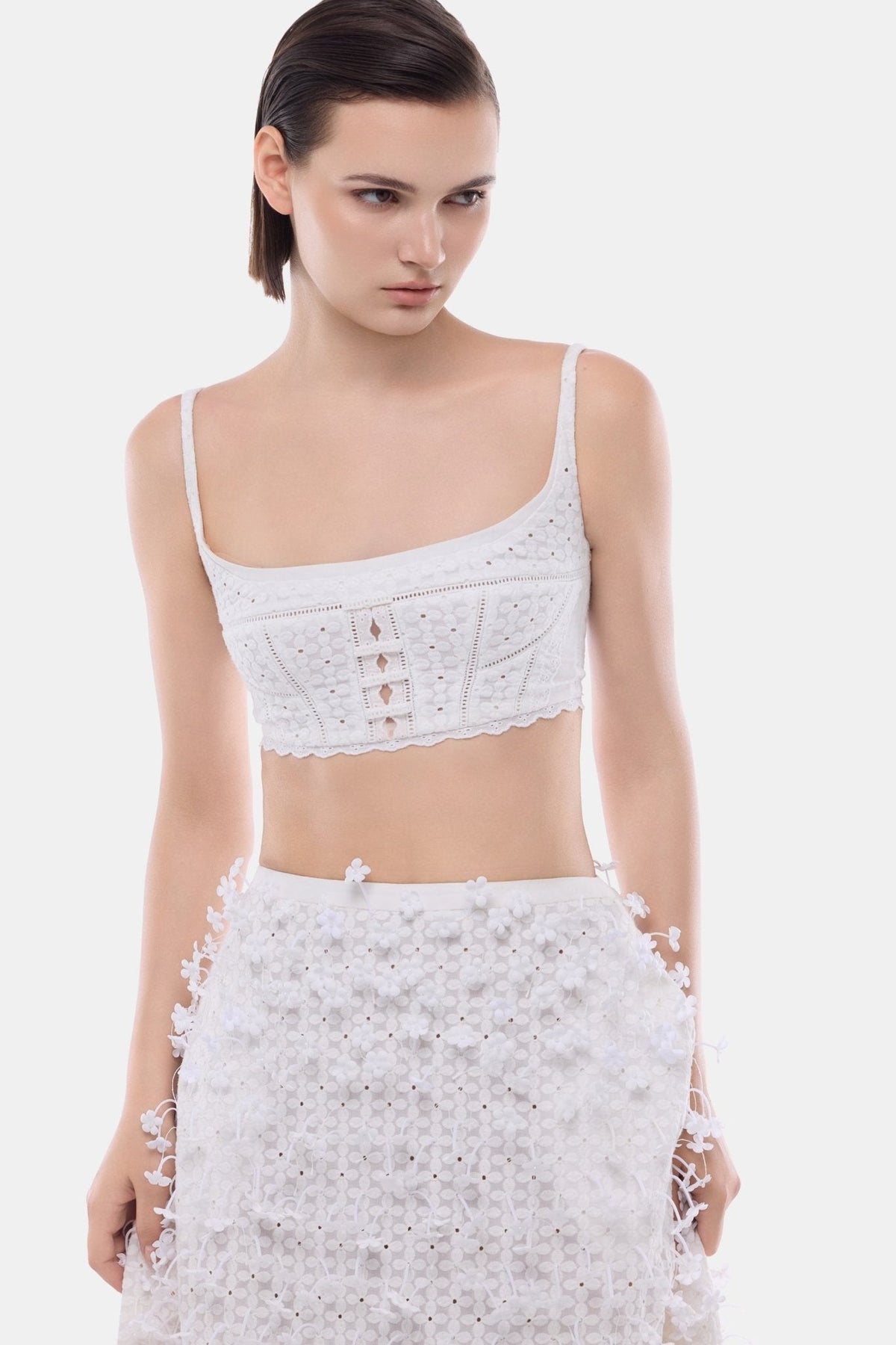 White 3D Floral Midi Skirt by Montsand