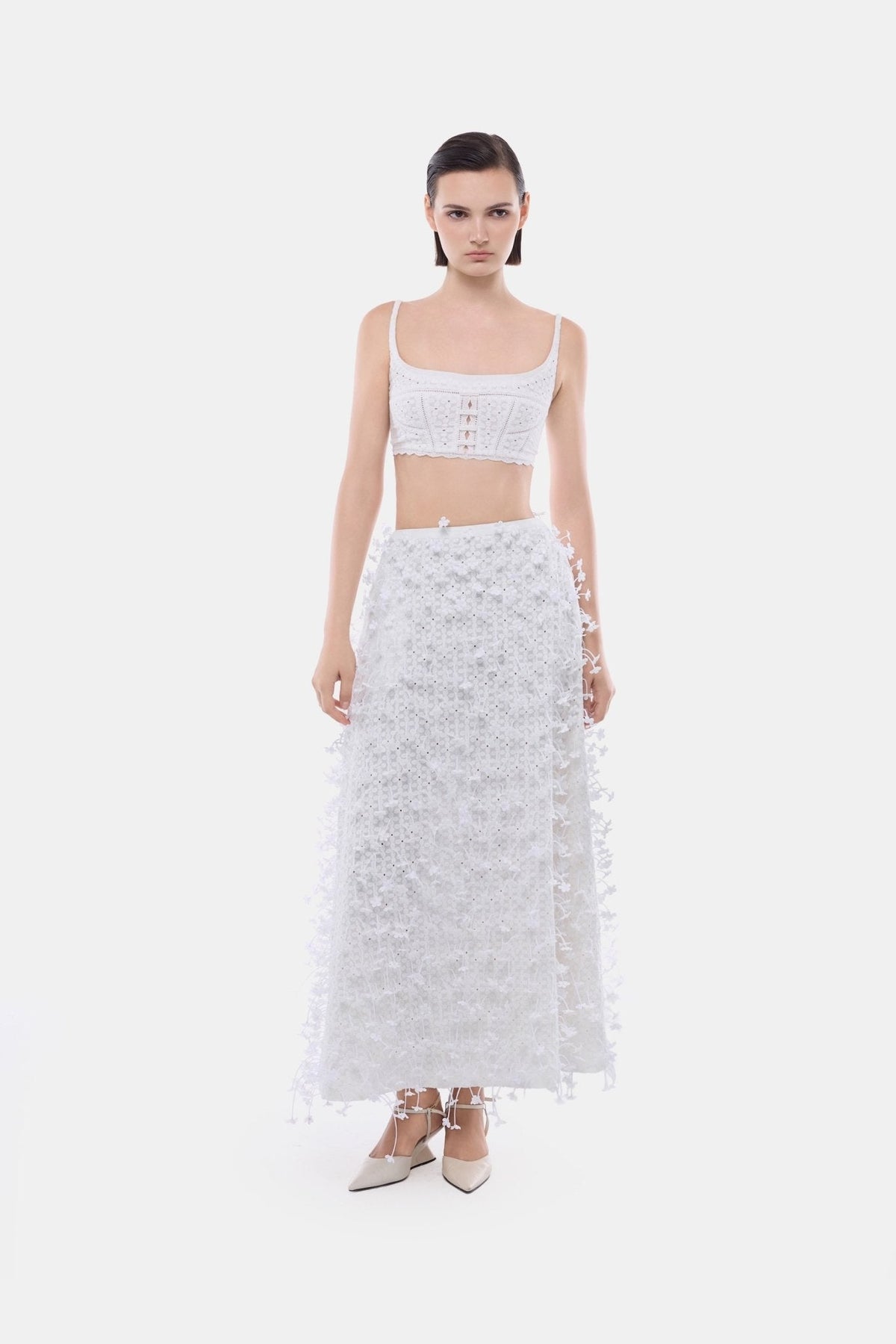 White 3D Floral Midi Skirt by Montsand