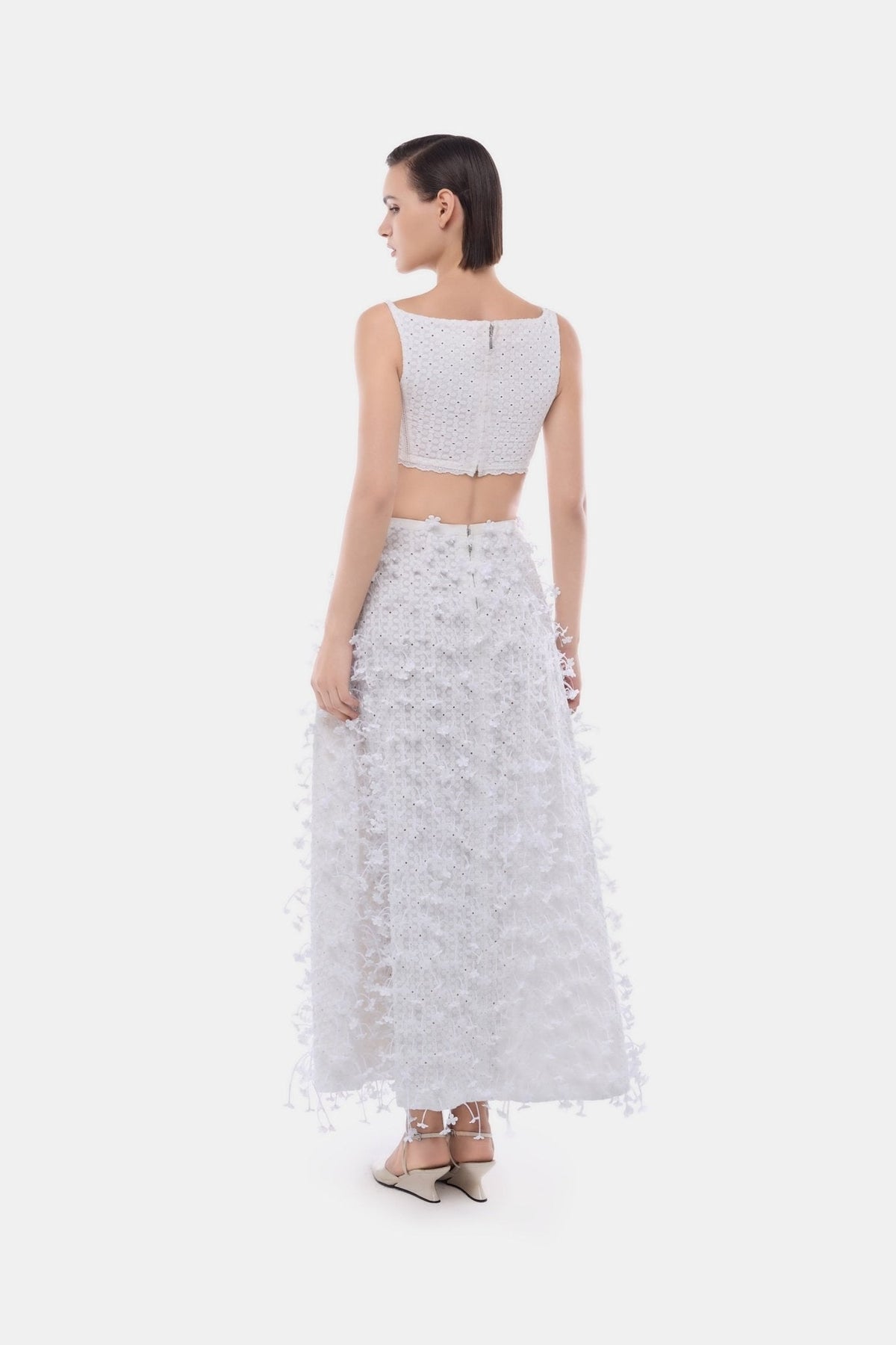 White 3D Floral Midi Skirt by Montsand