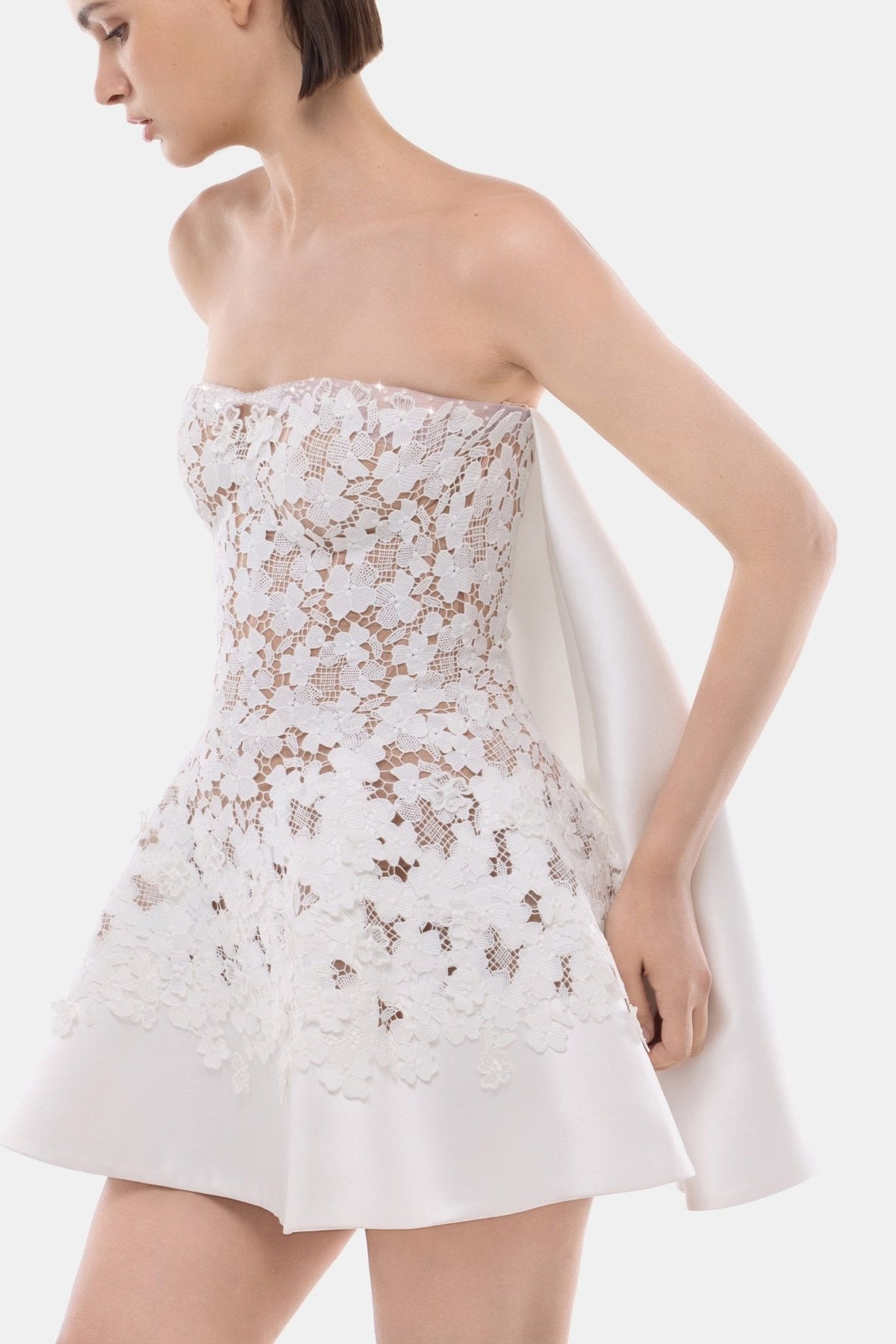 White Detachable Cape Skater Mini Dress by Montsand