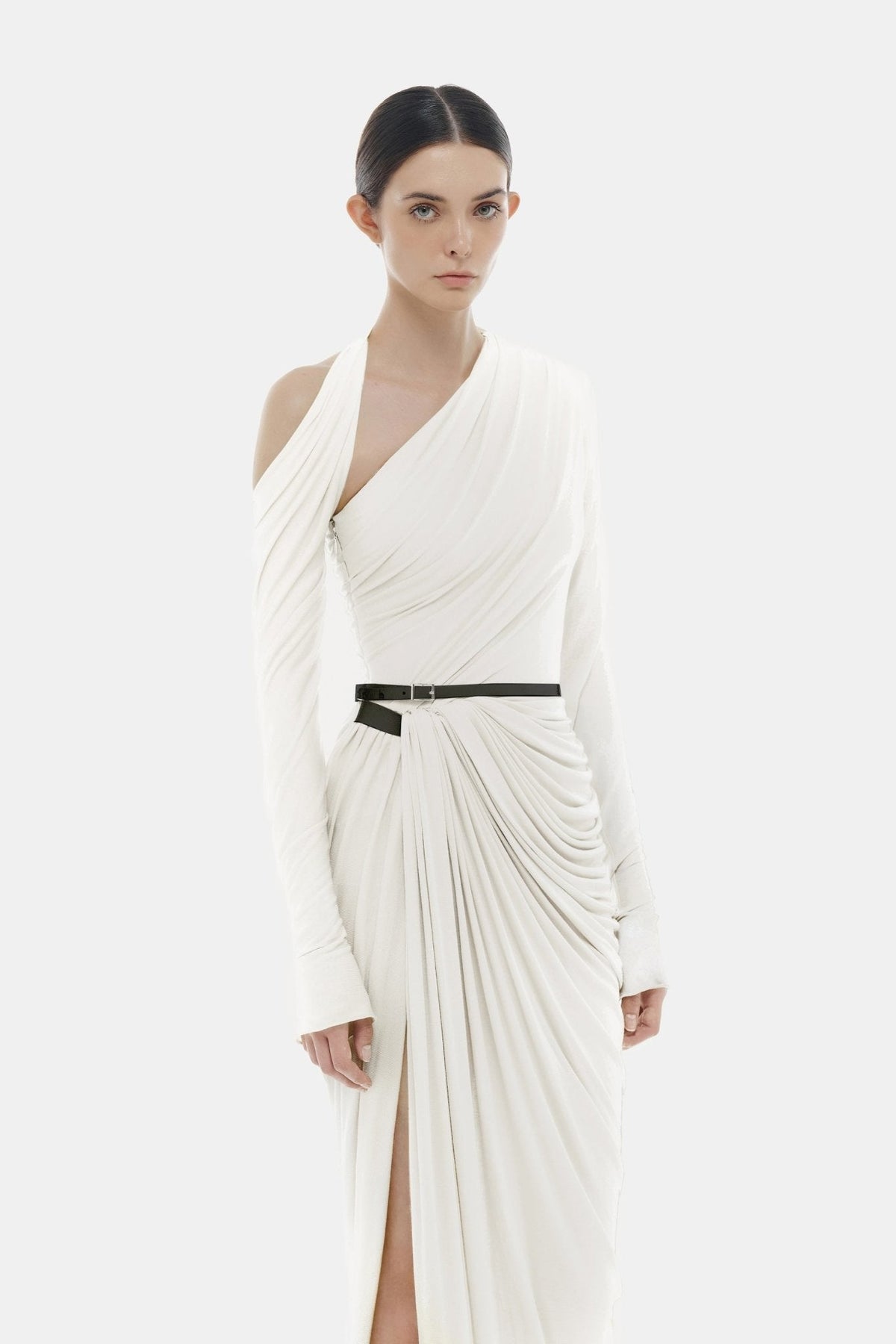 White Draped Asymmetric Maxi Dress by Montsand