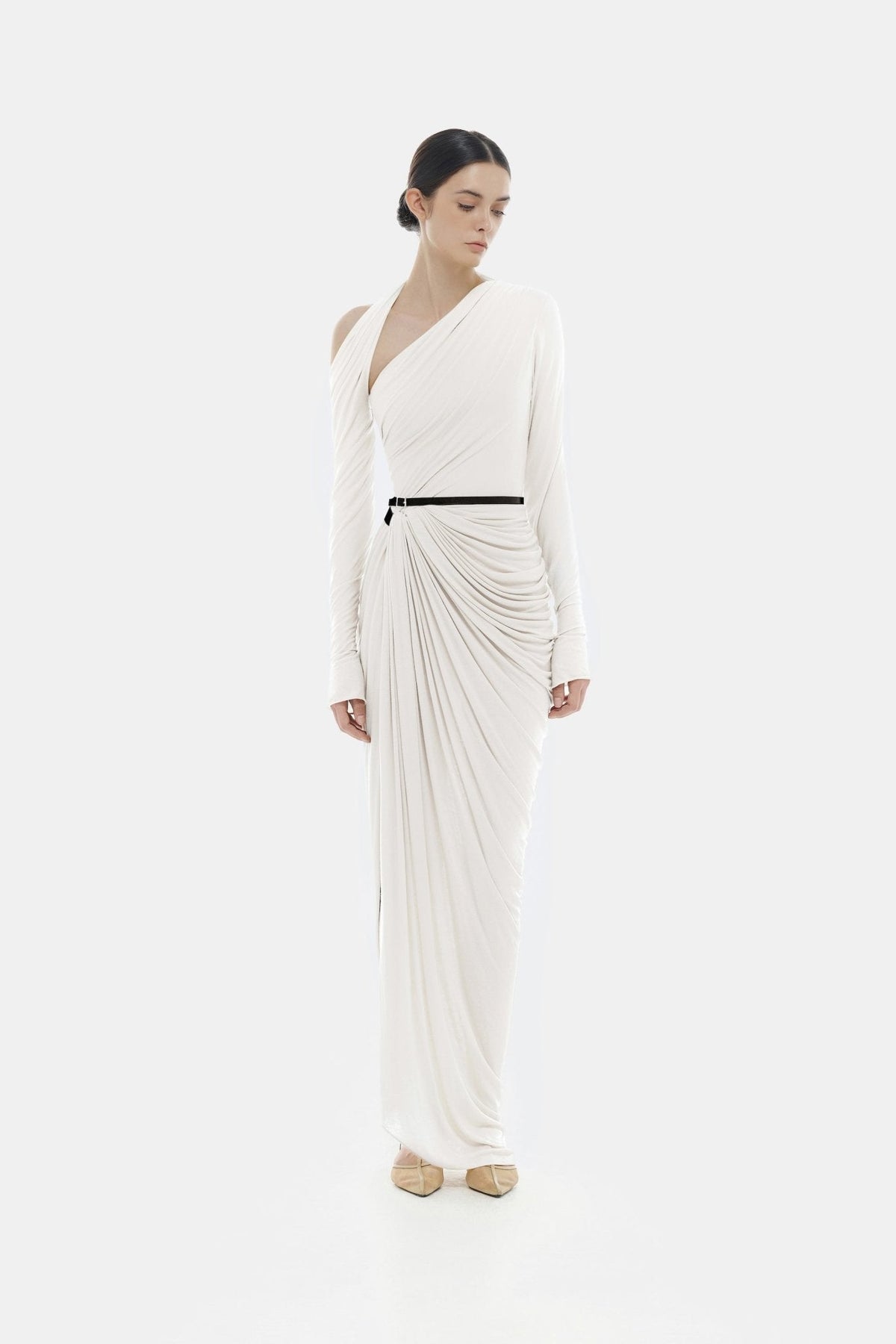 White Draped Asymmetric Maxi Dress by Montsand