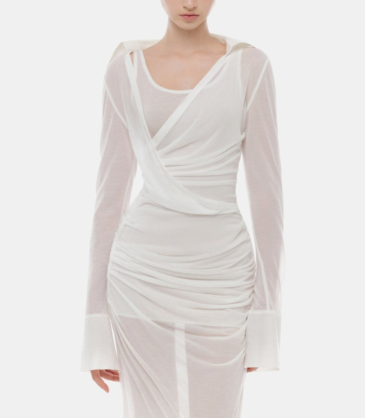 White Draped Ruched Jersey Dress by Montsand