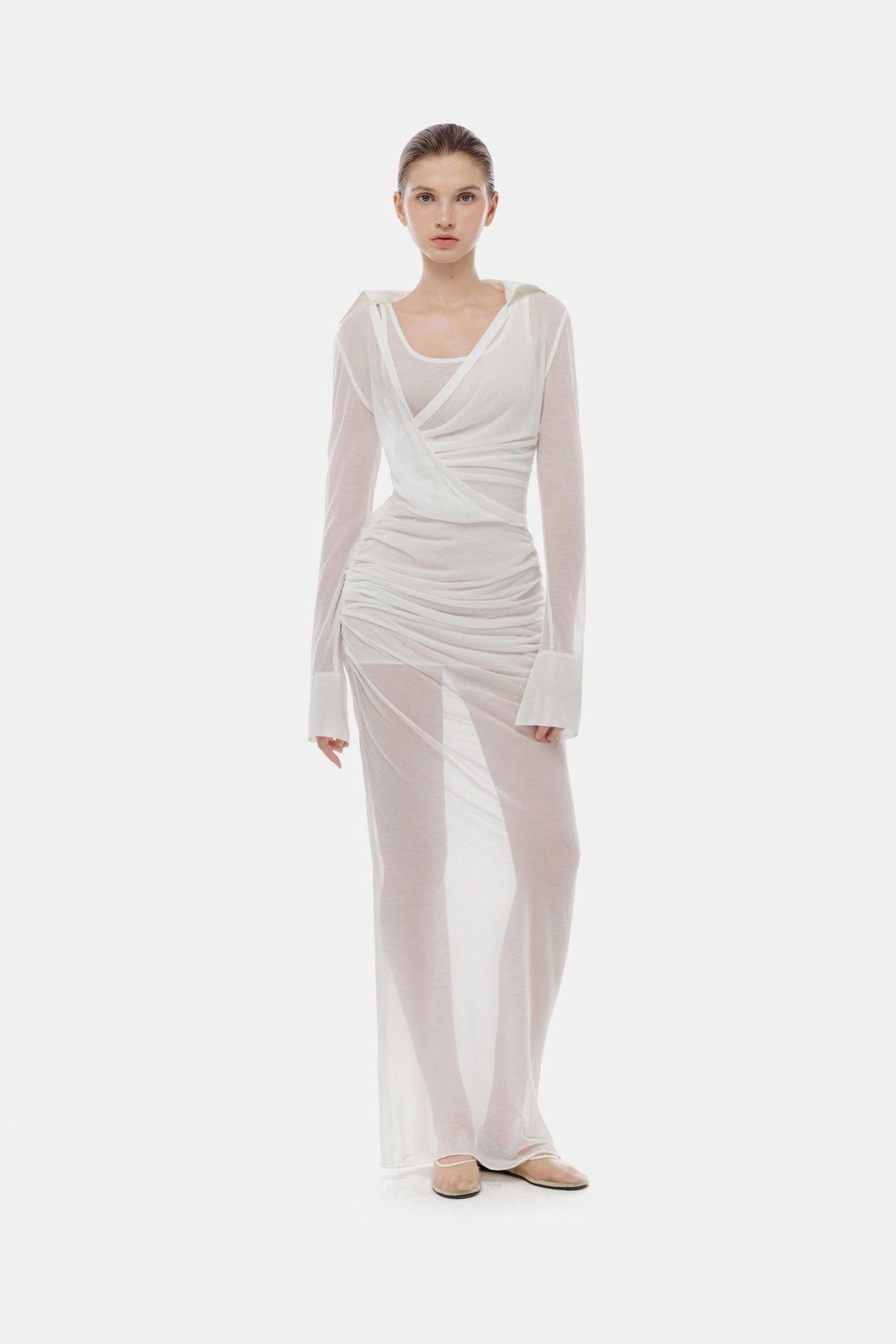 White Draped Ruched Jersey Dress by Montsand