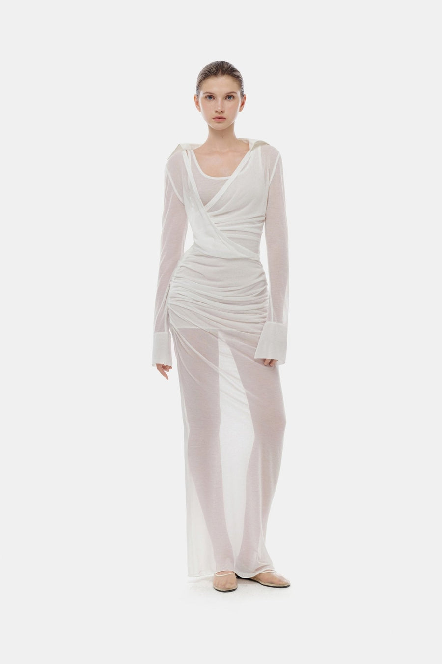 White Draped Ruched Jersey Dress