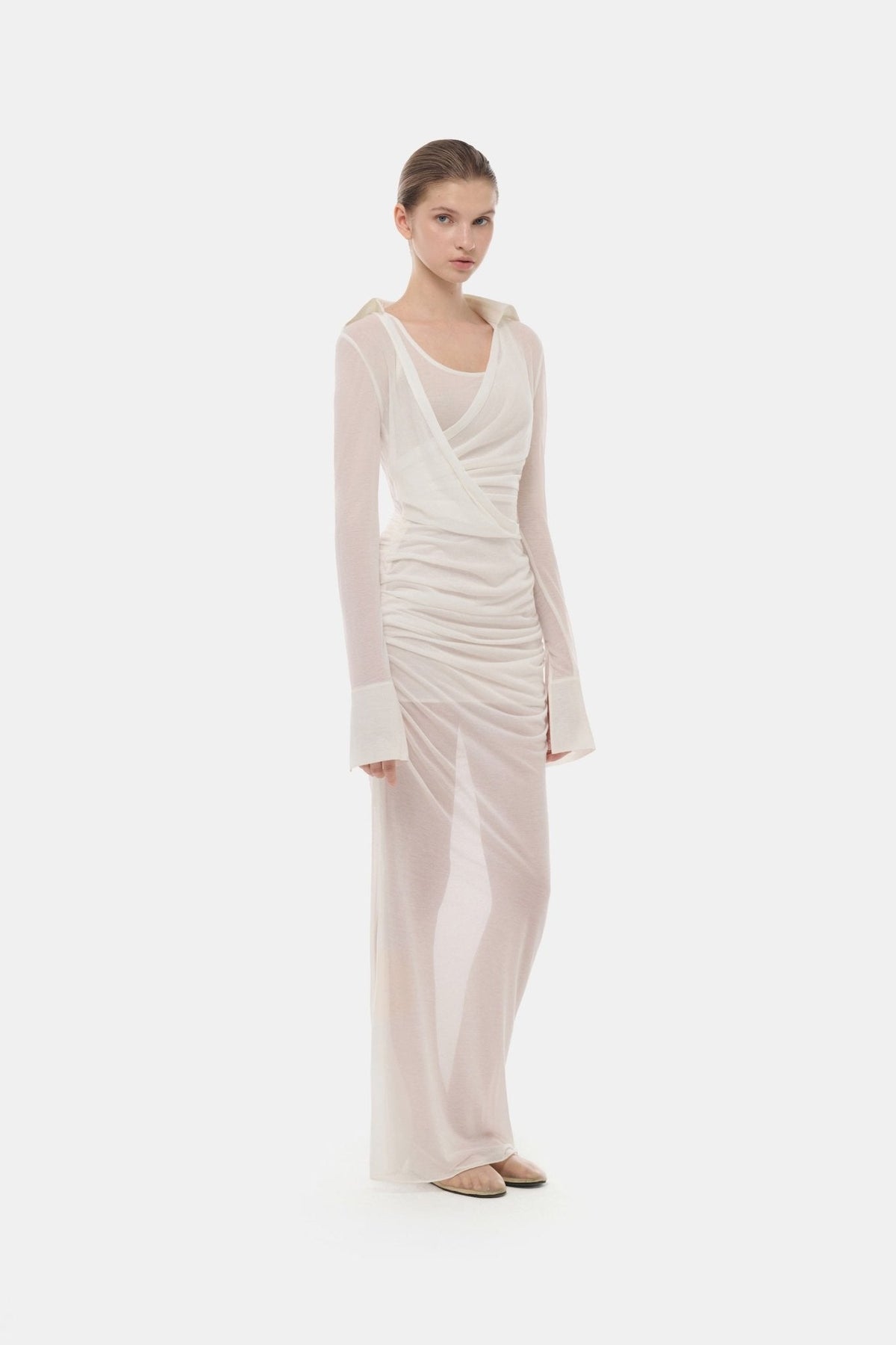 White Draped Ruched Jersey Dress by Montsand