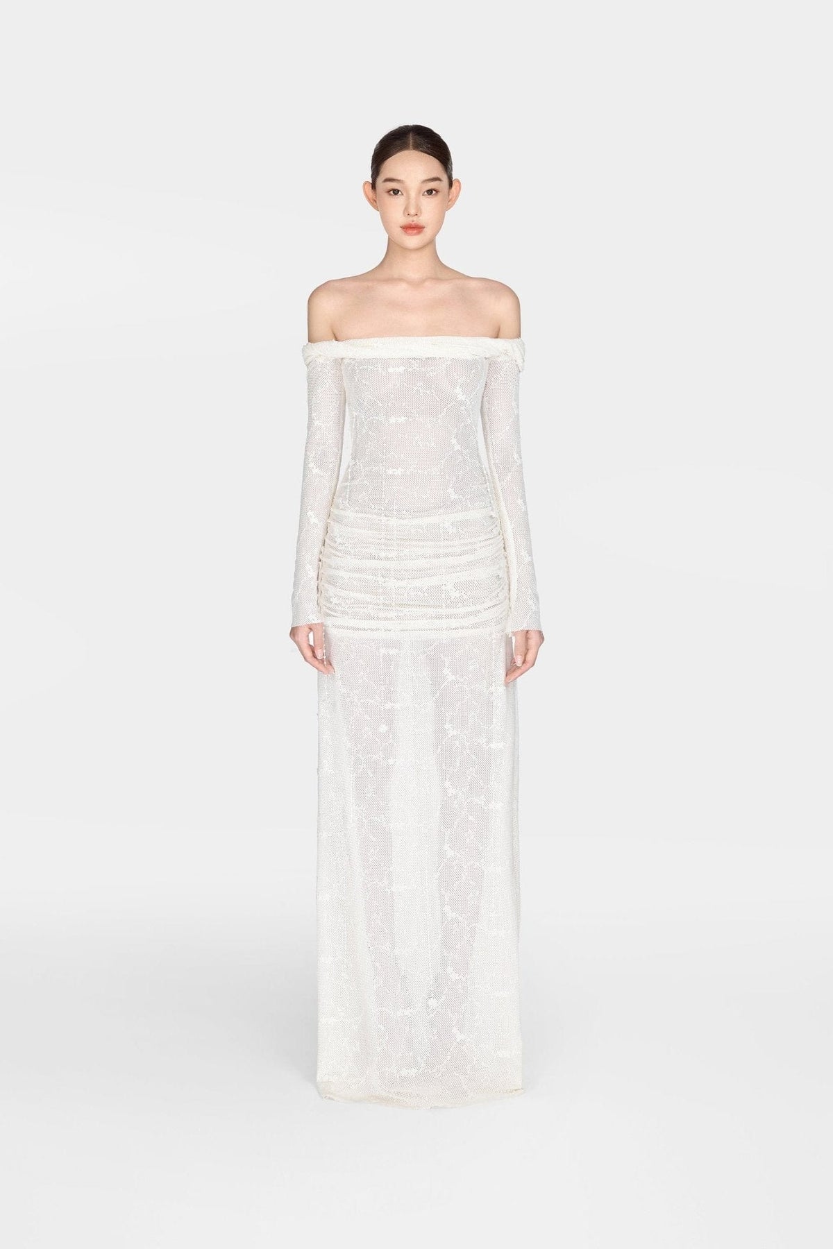 White Floral Beaded Off-shoulder Dress by Montsand