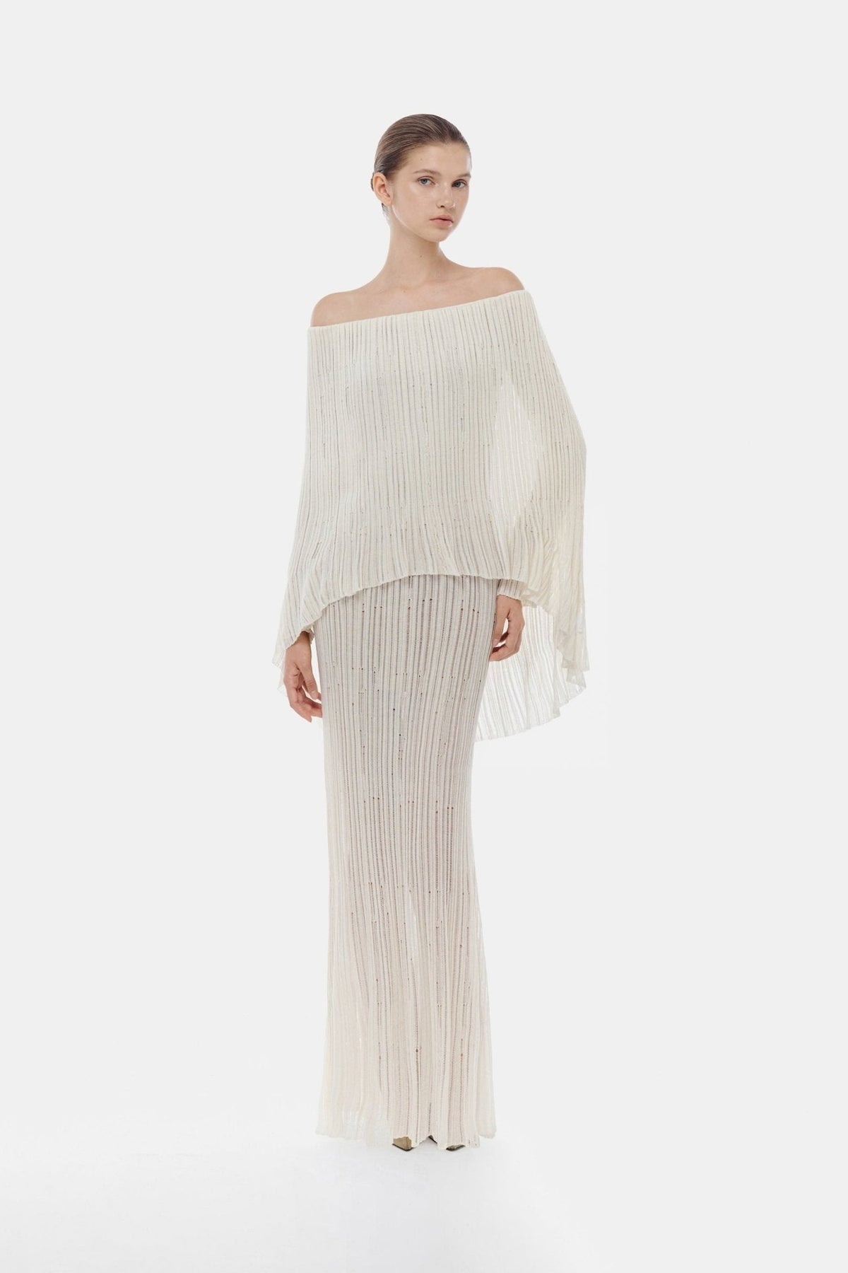 White Off-Shoulder Pleated Maxi Dress by Montsand