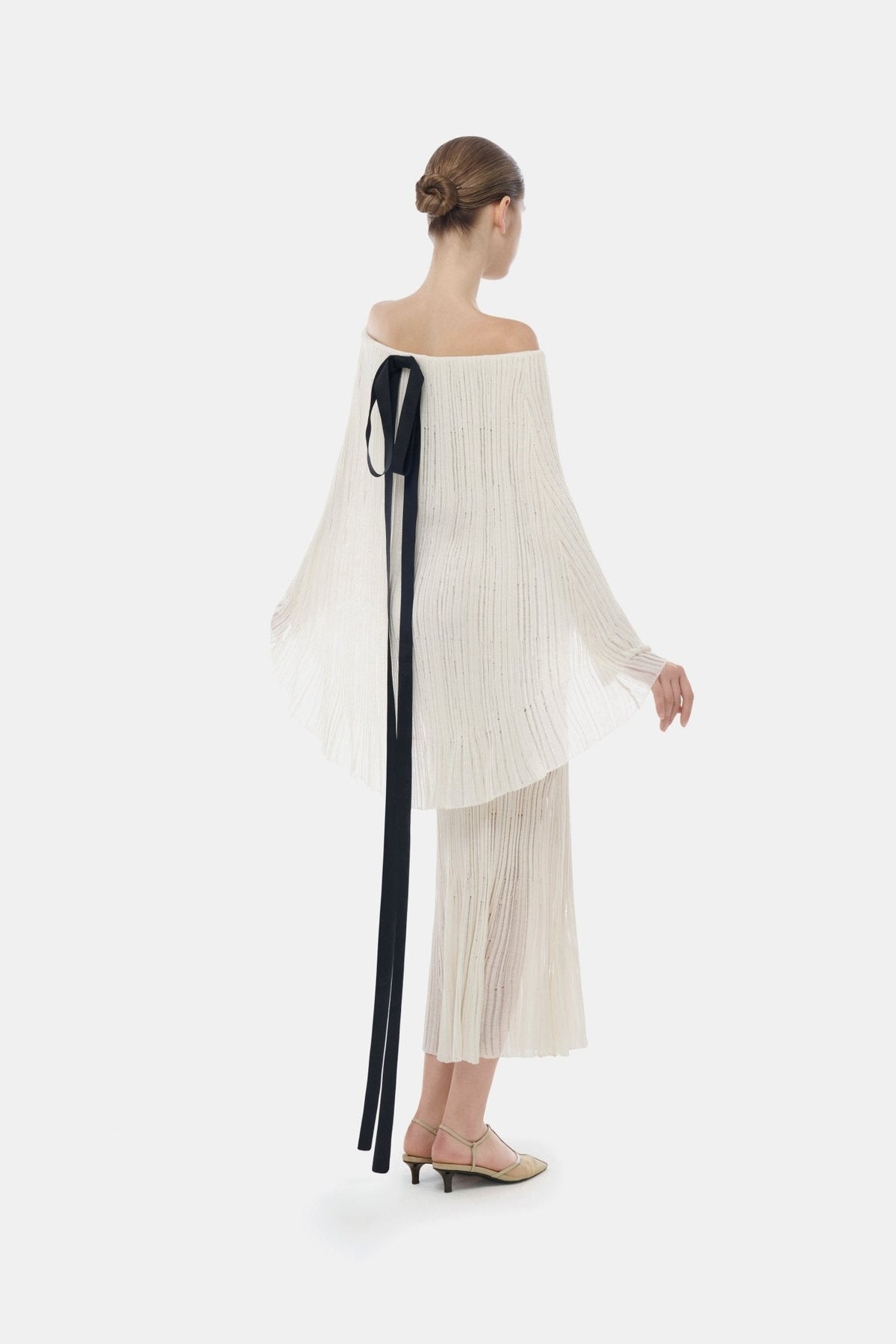 White Off-Shoulder Pleated Midi Dress by Montsand