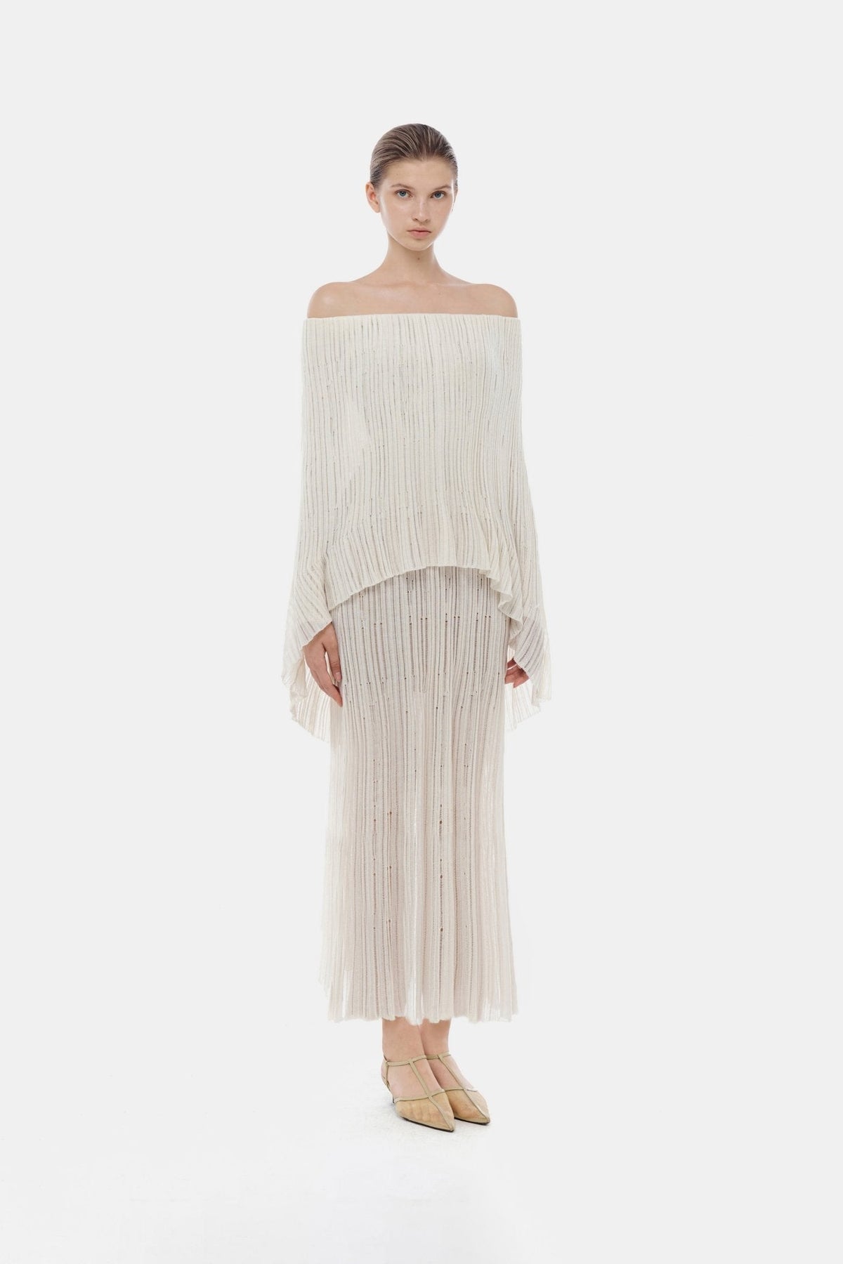 White Off-Shoulder Pleated Midi Dress by Montsand
