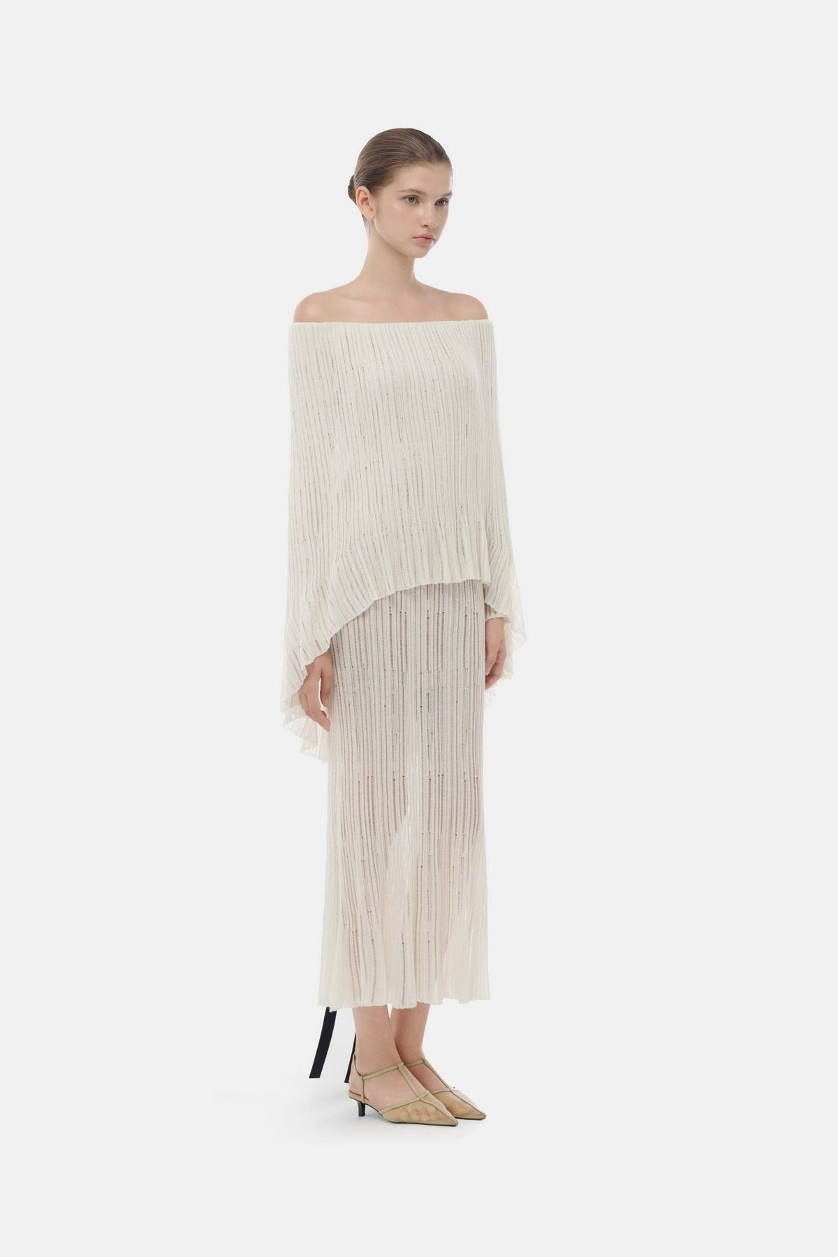 White Off-Shoulder Pleated Midi Dress by Montsand